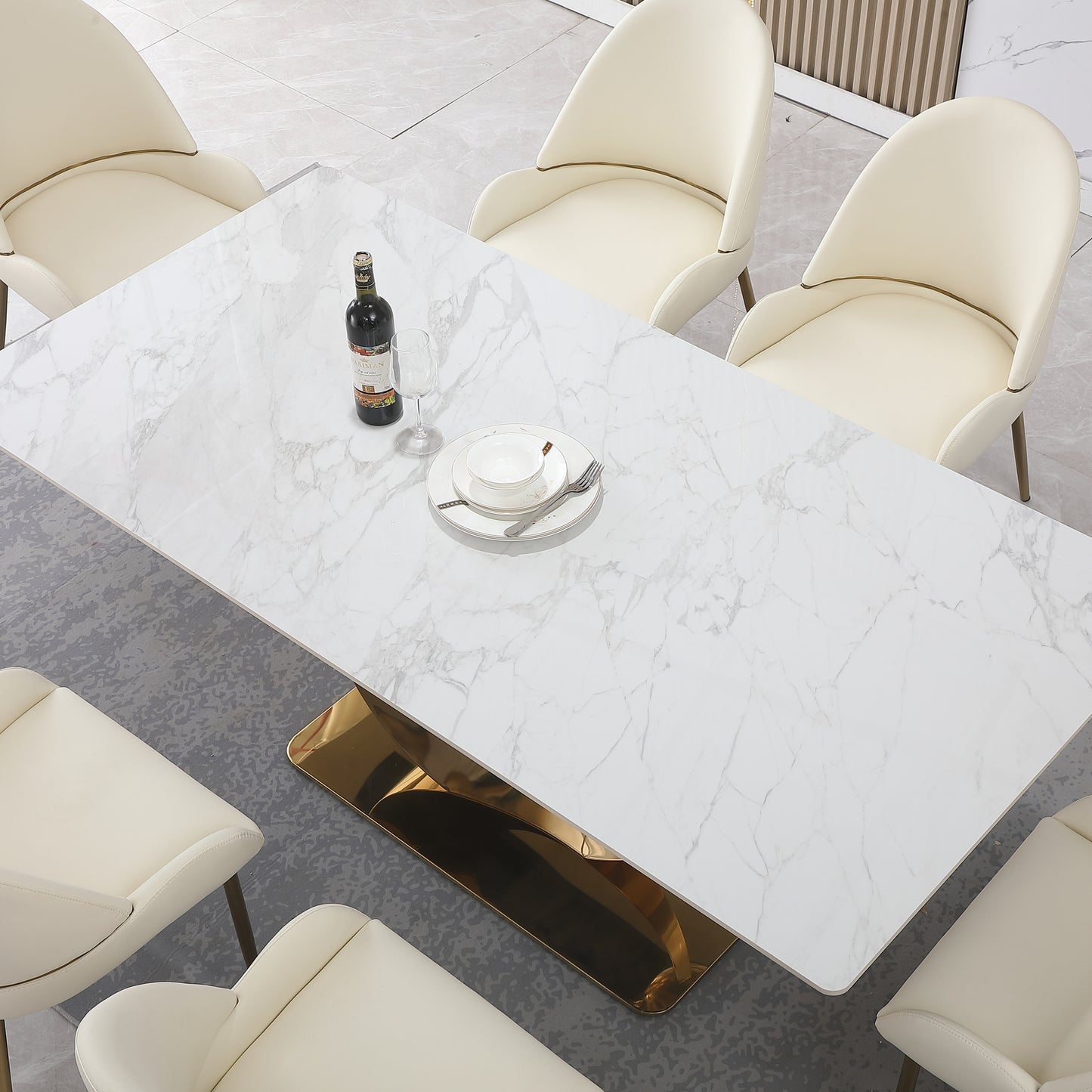 Zyra 71' 7-Piece Faux Marble Dining Set with Golden Base & Carrara White Top