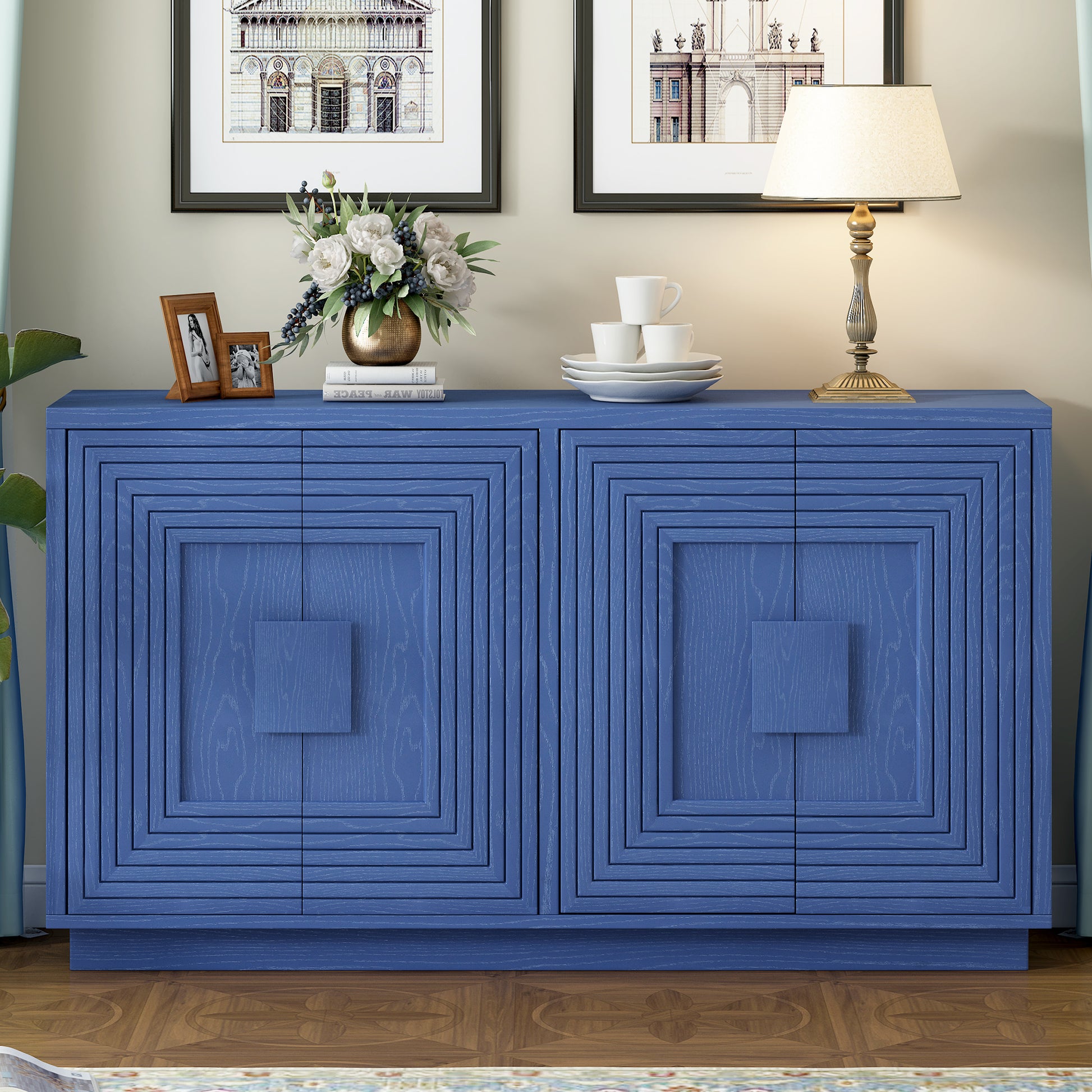 Galilee Vintage Distressed 4-Door Cabinet with Adjustable Shelves, Navy Blue