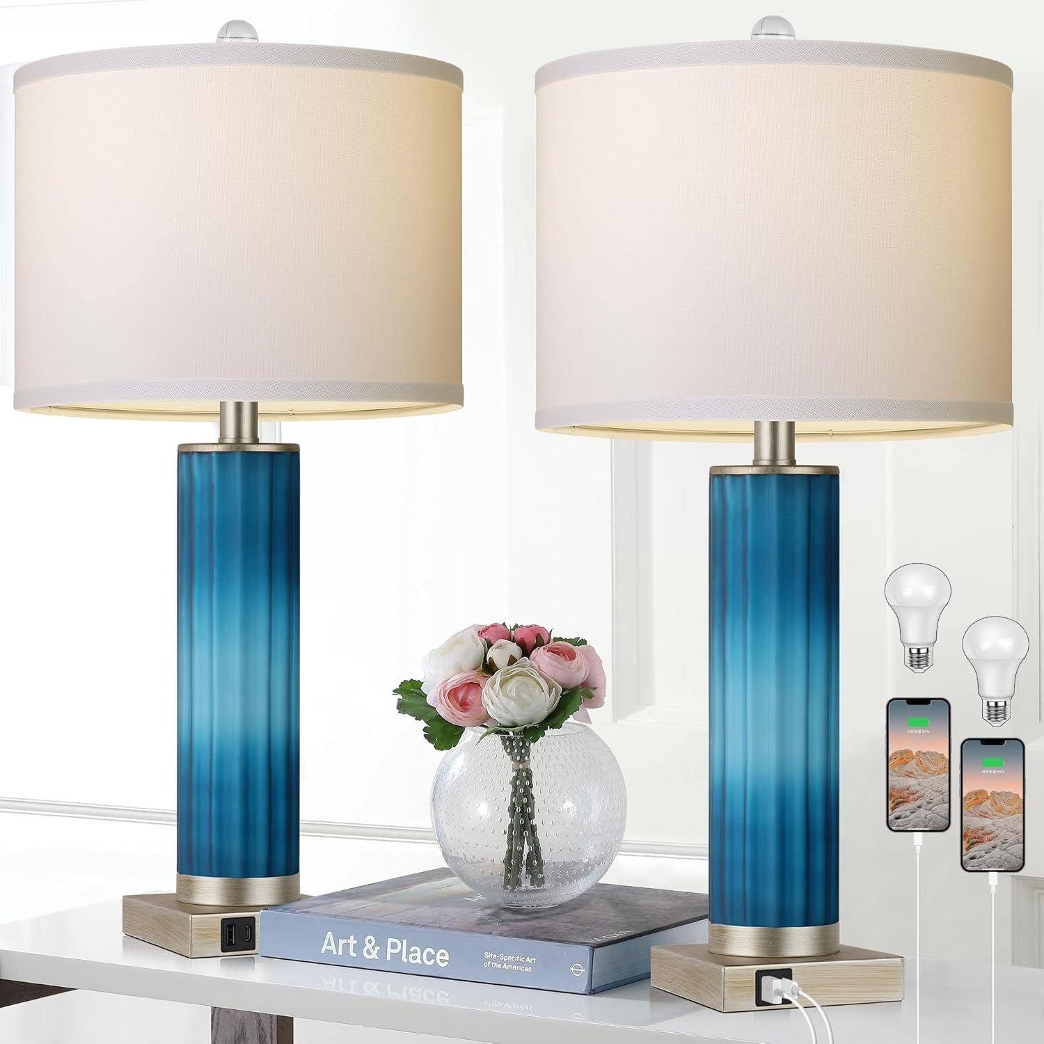 Set of 2 Art Deco Style Blue Glass Table Lamps