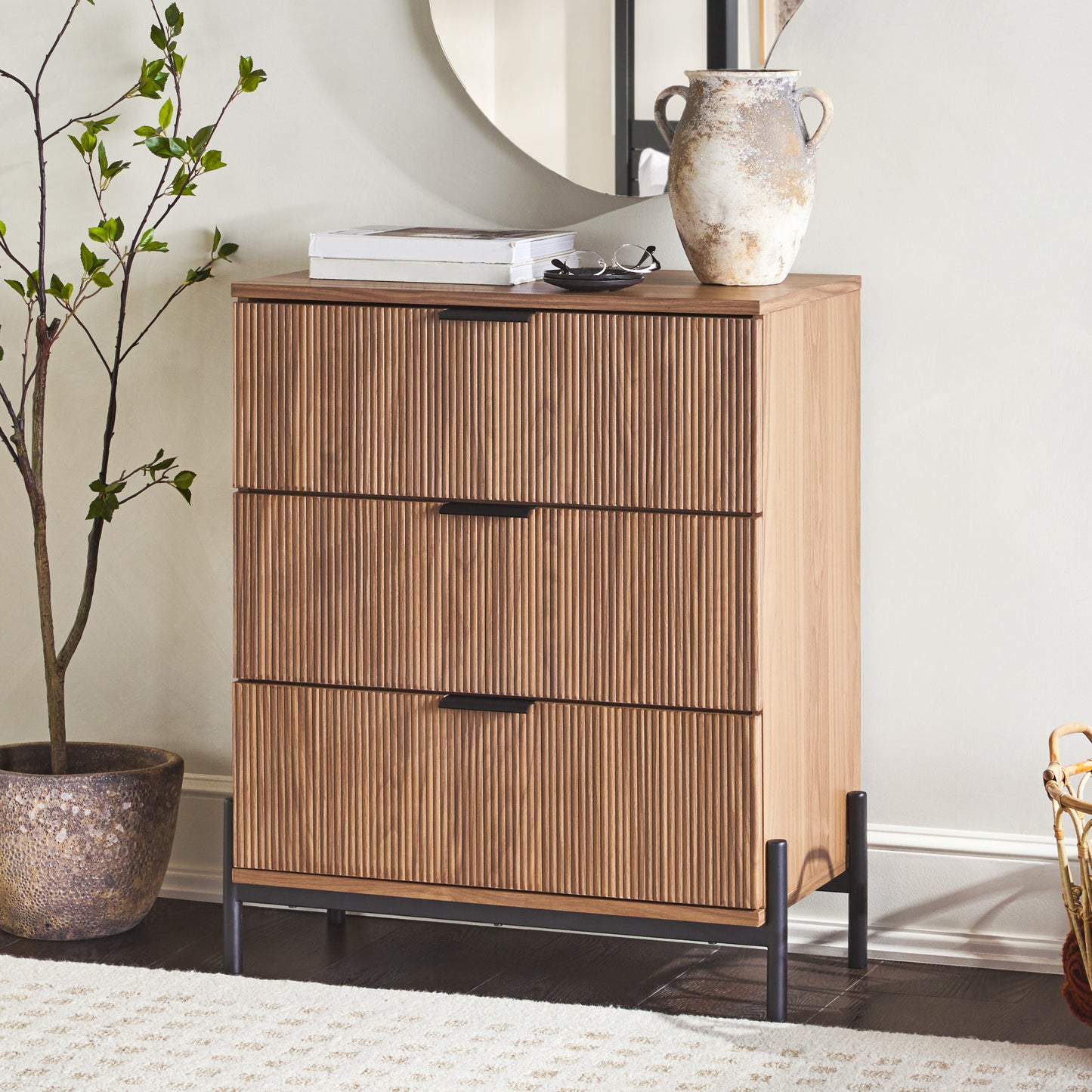 Lenora Mid-Century 3-Drawer Chest with Reeded Drawer Fronts, Mocha