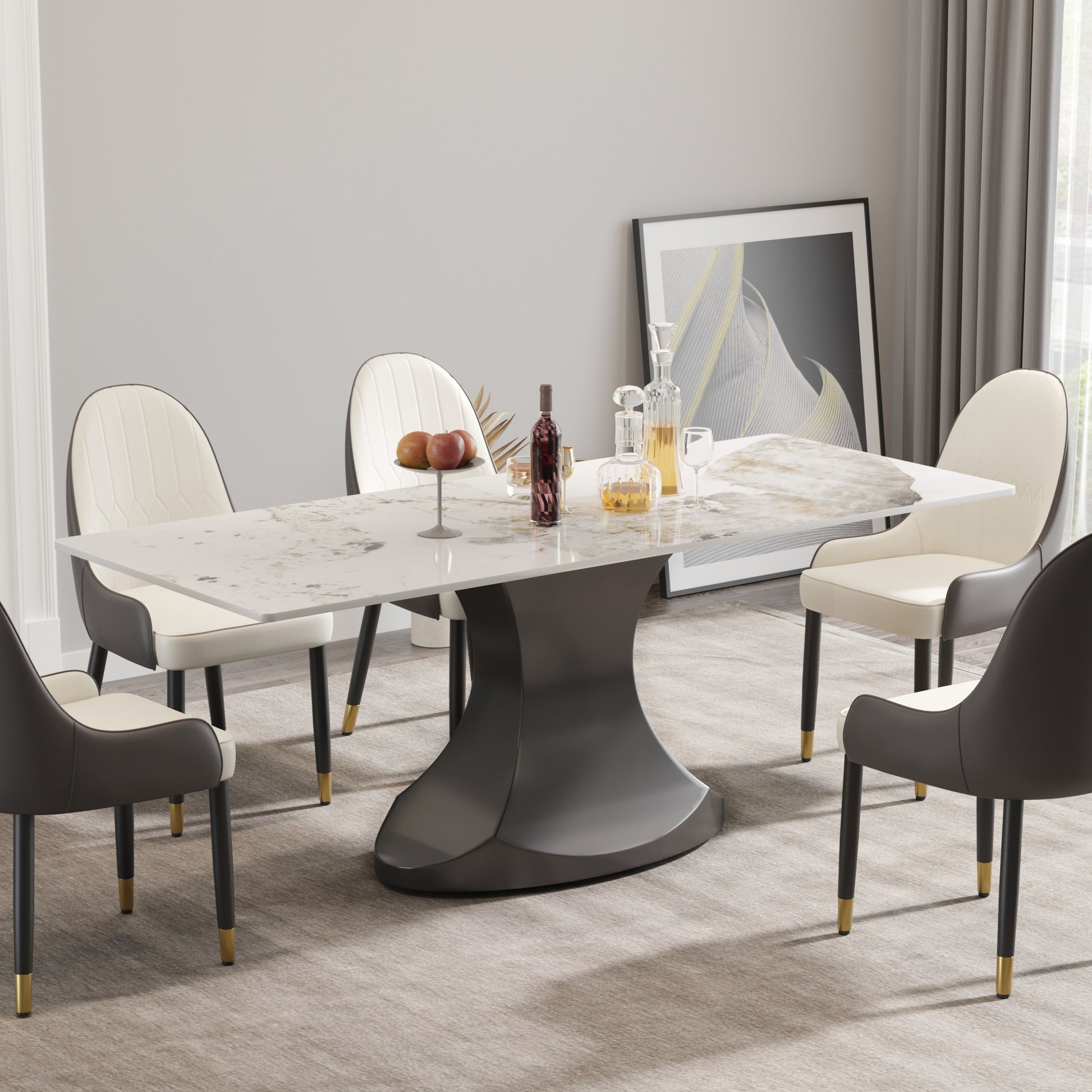 Calypso 78" Modern Faux Marble Dining Table, White & Black