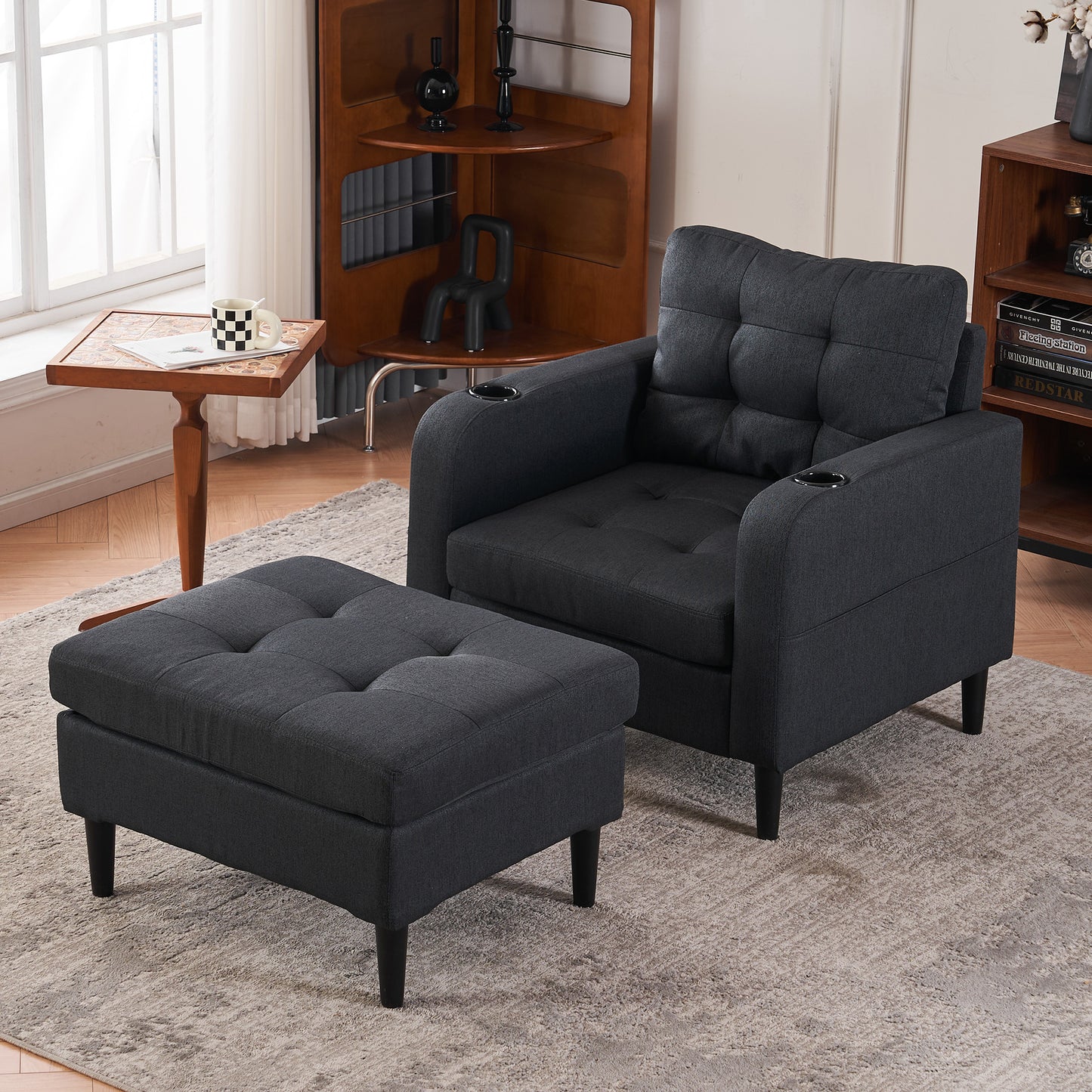 Xanthea Modern Tufted Chair & Storage Ottoman Set, Gray