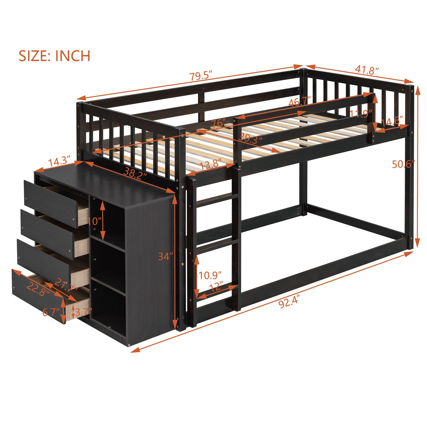 Rachel Twin over Twin Bunk Bed with 4 Drawers and 3 Shelves-Espresso