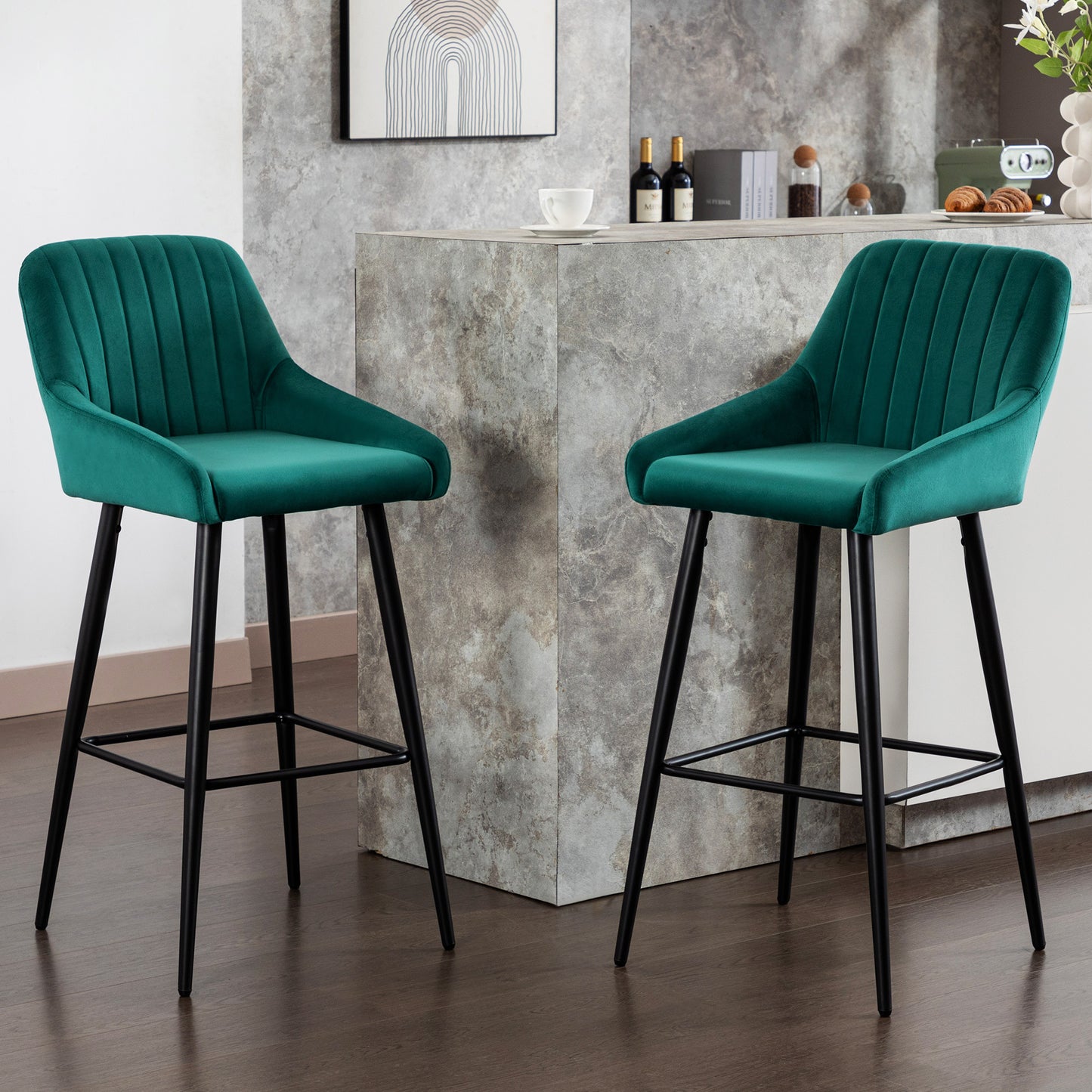 Baily Elegant Velvet Bar Stools with Black Legs Set of 2 , Green