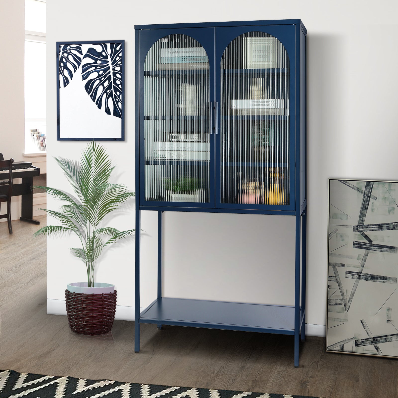 Zane Metal Arched Glass Door Cabinet, Blue