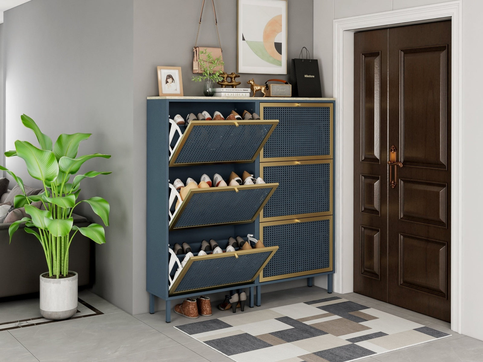 Riley Mid-Century Modern Shoe Cabinet - Blue & Gold