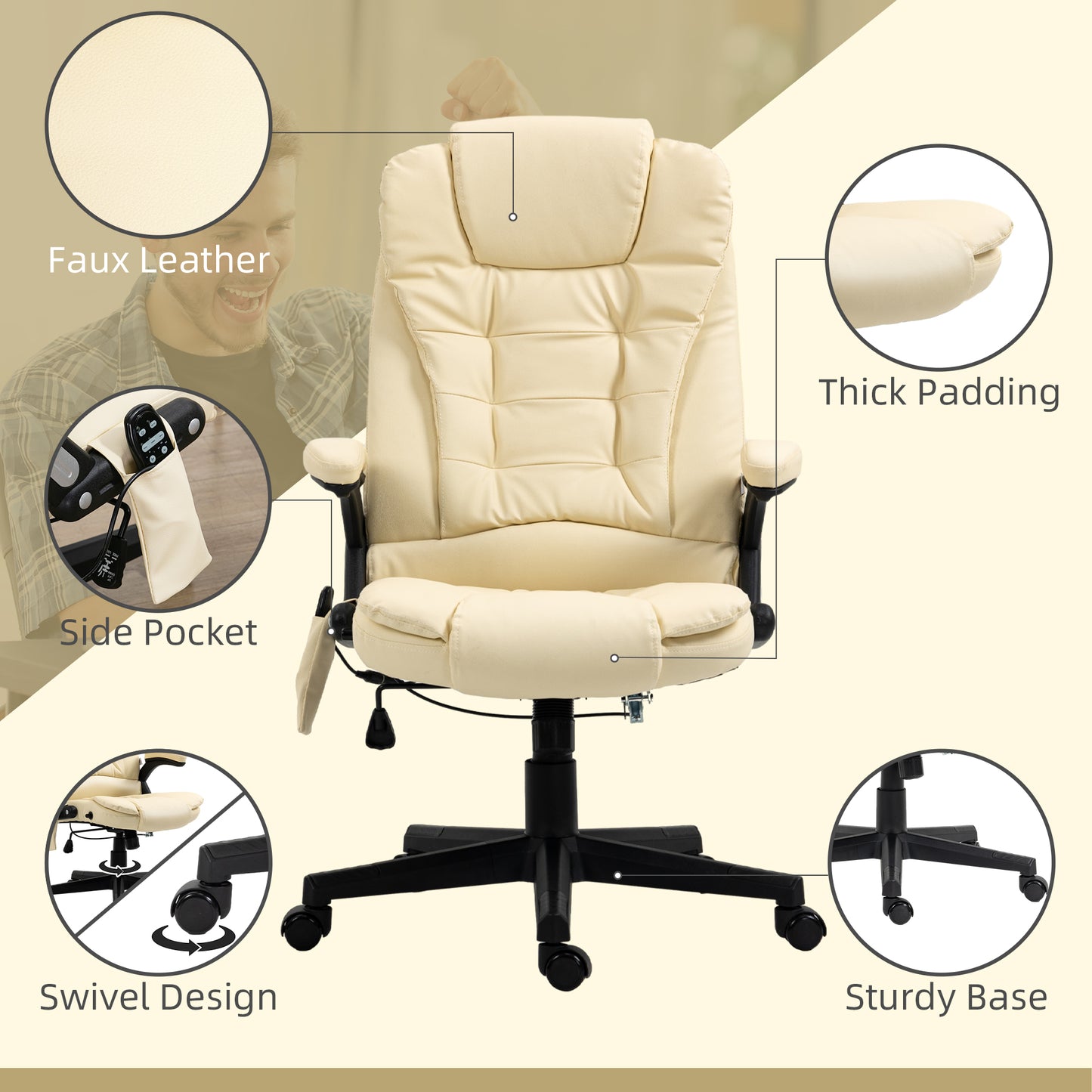 Parisa High Back PU Leather Executive Office Chair with Head & Massage, Beige