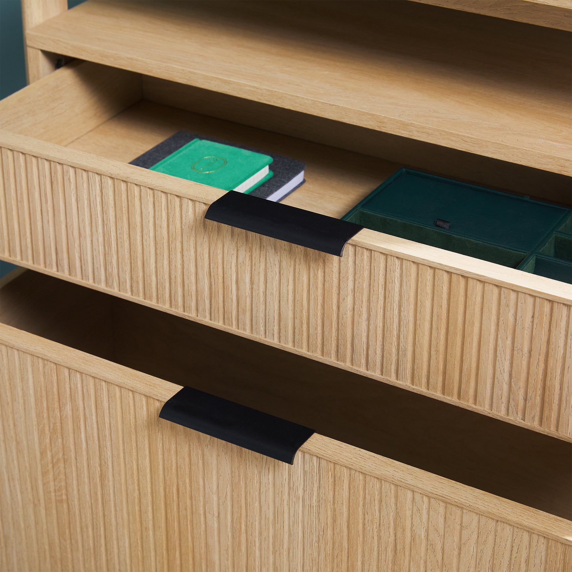 Transitional Wide Reeded Bookshelf with Drawers on Bottom - Oak