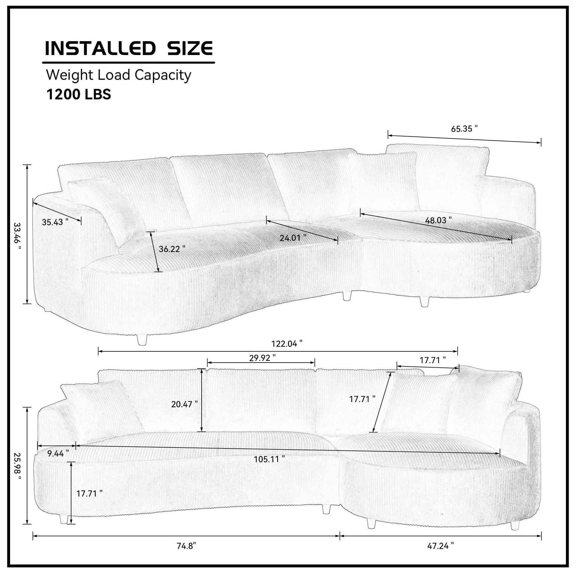 Leota 122" Corduroy Upholstered Sectional , Green