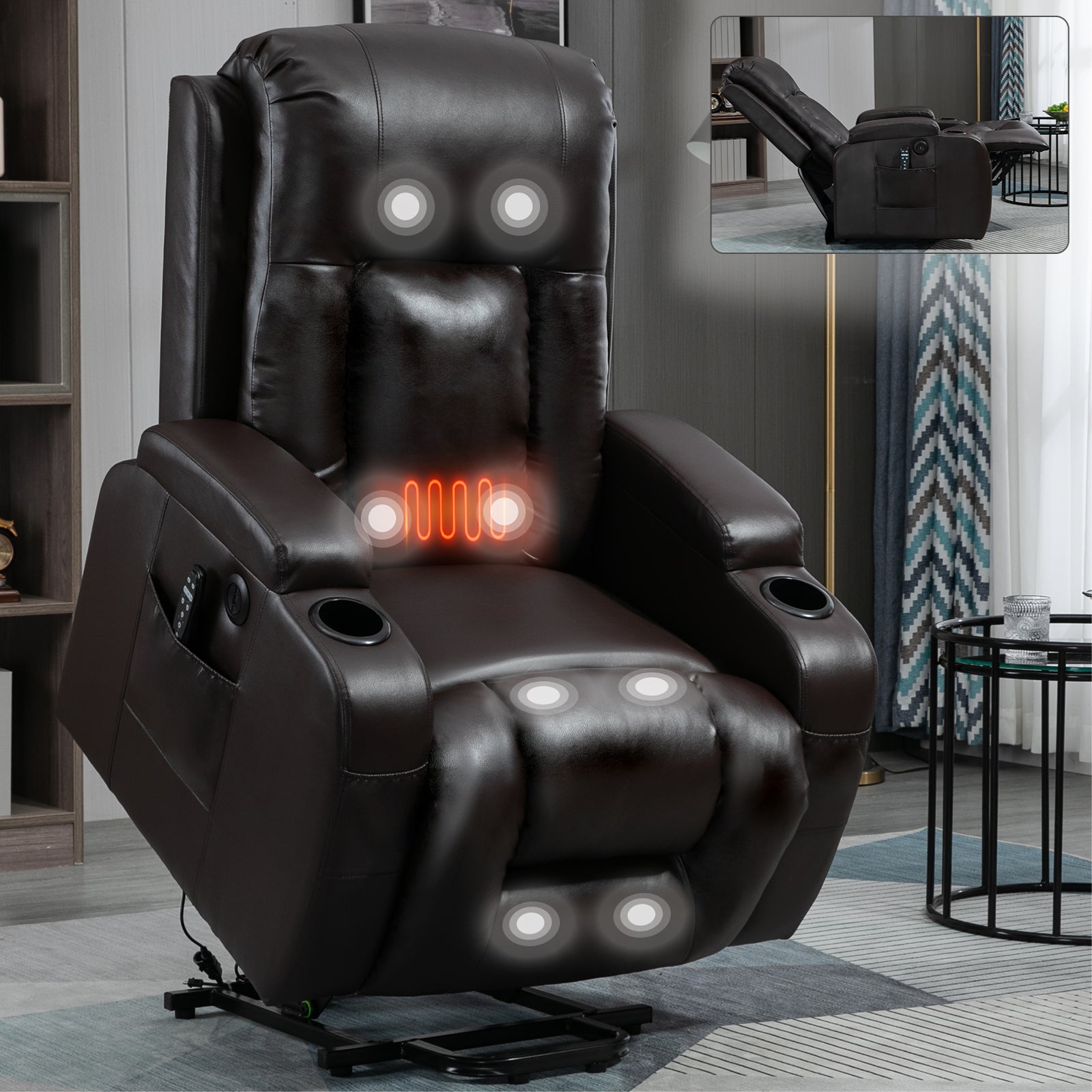 Vespera Faux Leather Power Lift Recliner with Head & Massage, Brown