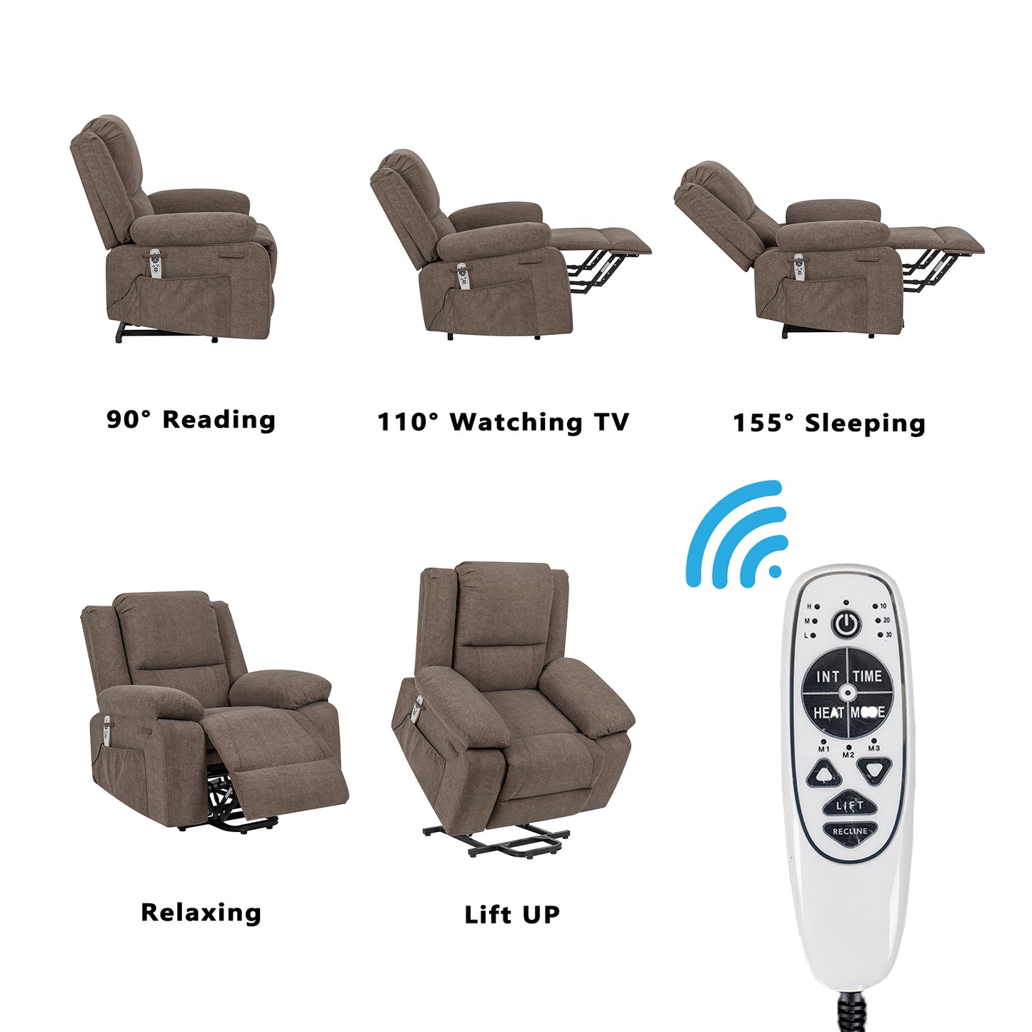 Elgen Power Lift Recliner with Massage & Heat, Brown