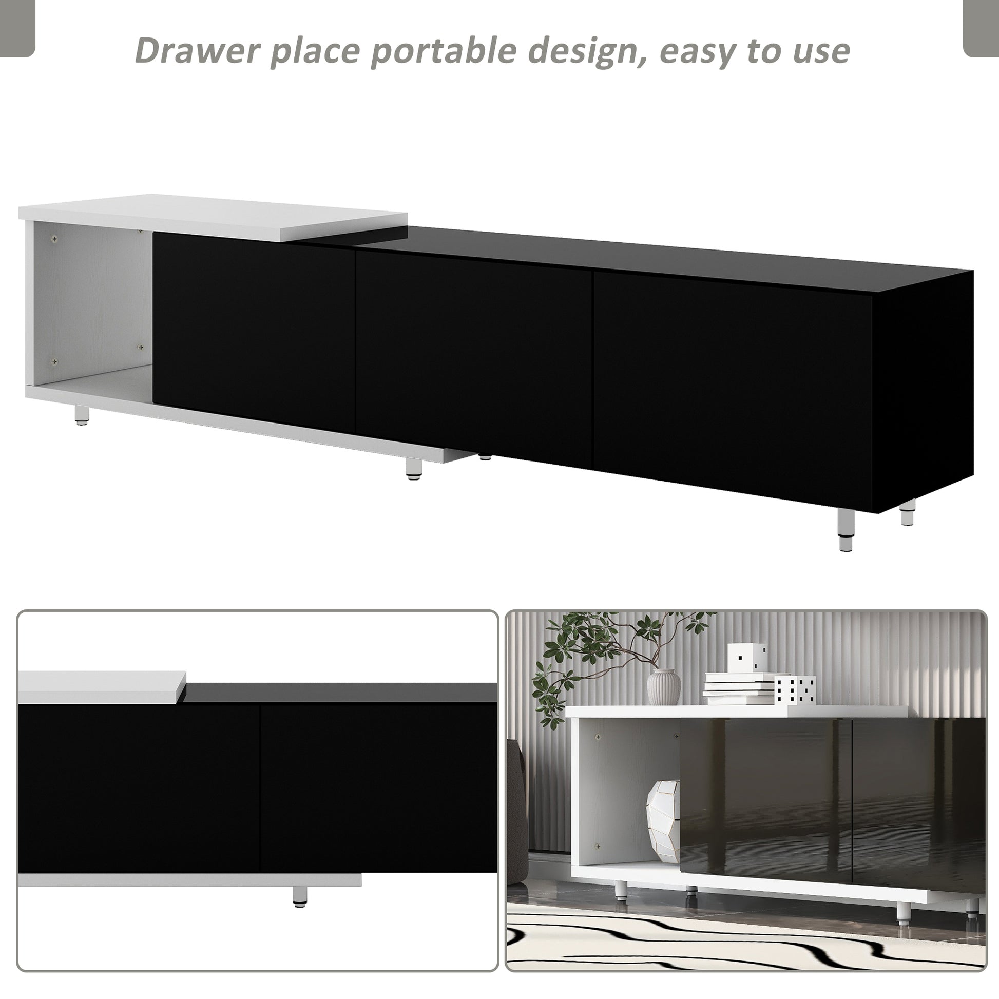 Grover 70' Modern High Gloss TV Stand, White & Black