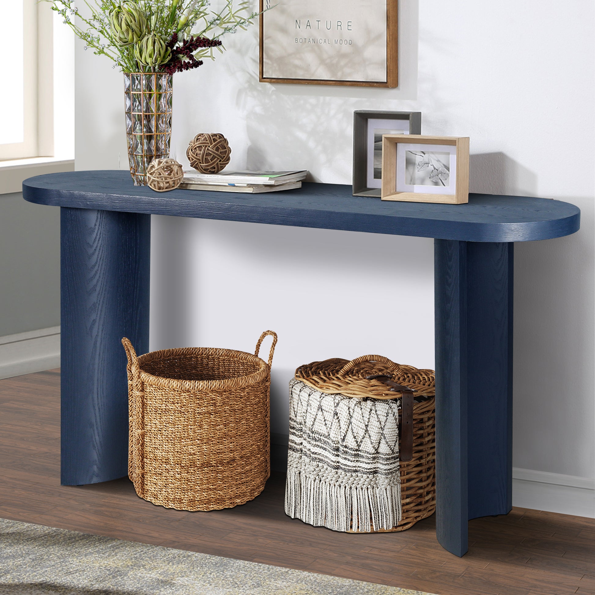 Delfina 60" Wooden Console Table with Curved Legs, Navy Blue