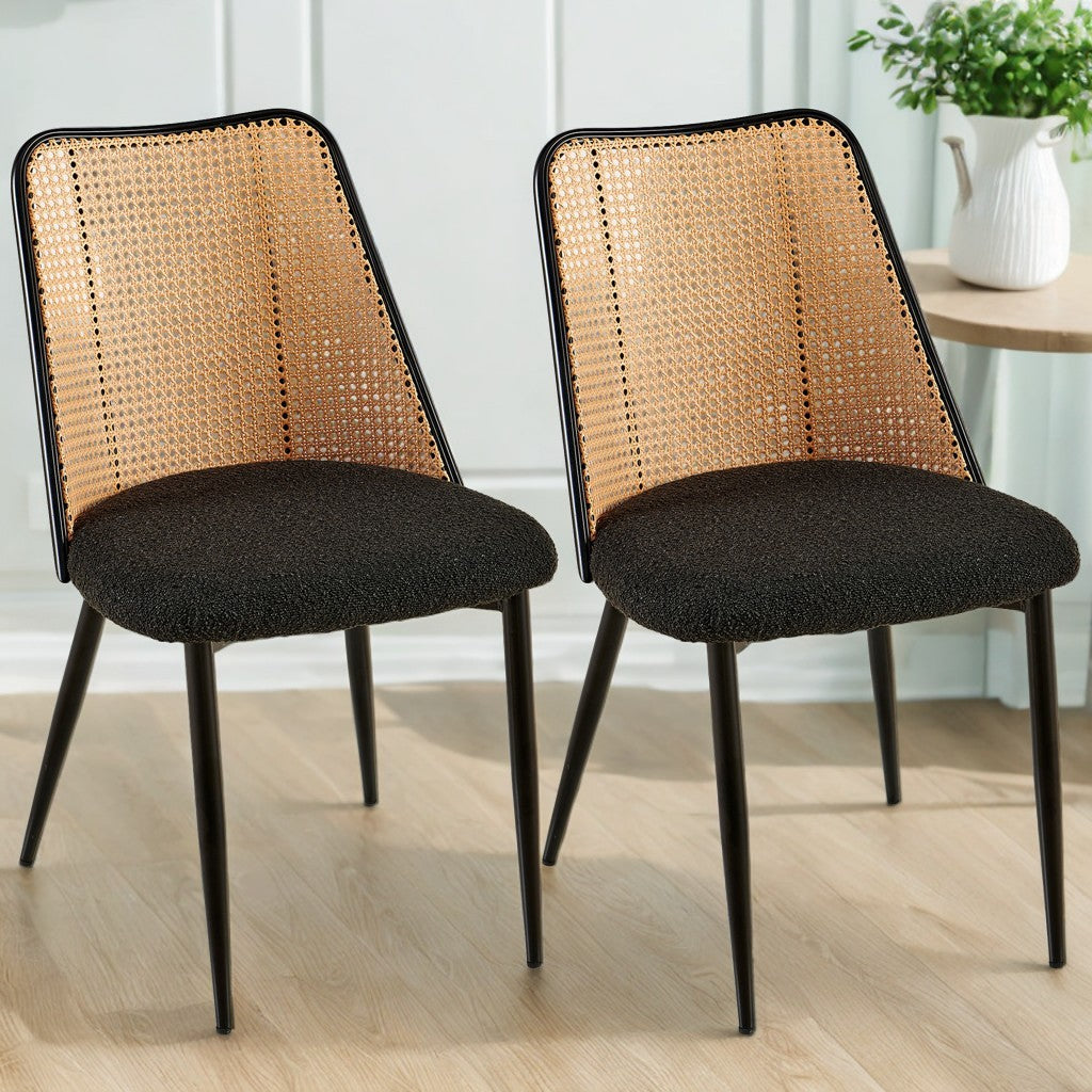 Fallon Modern Rattan Back Side Chairs with Black Boucle Seat Set of 2