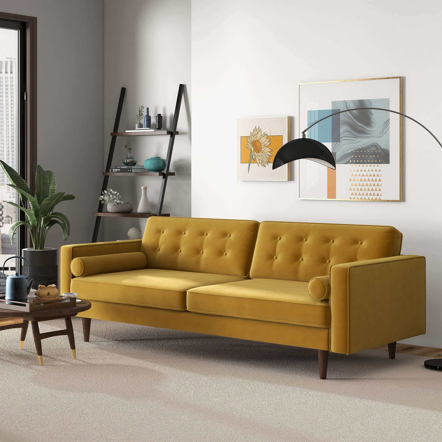 Casey Mid-Century Modern Velvet Tufted Sofa, Gold