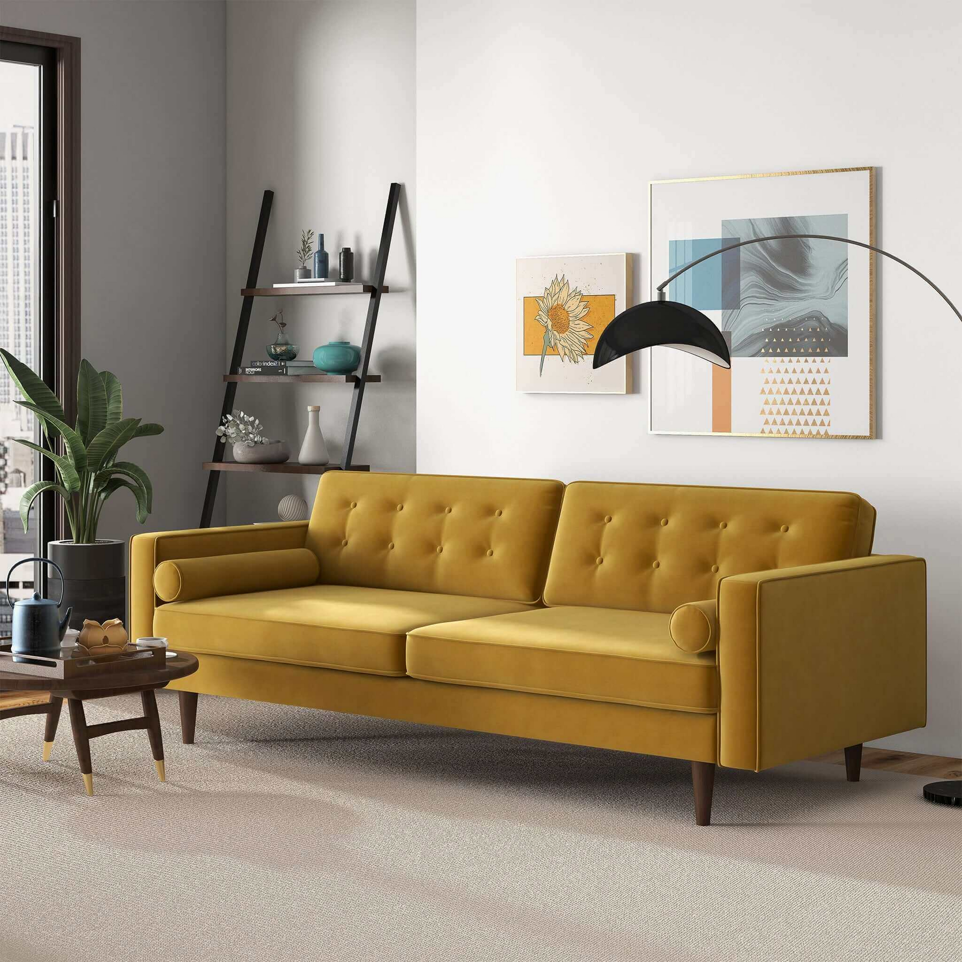 Casey Mid-Century Modern Velvet Tufted Sofa, Gold