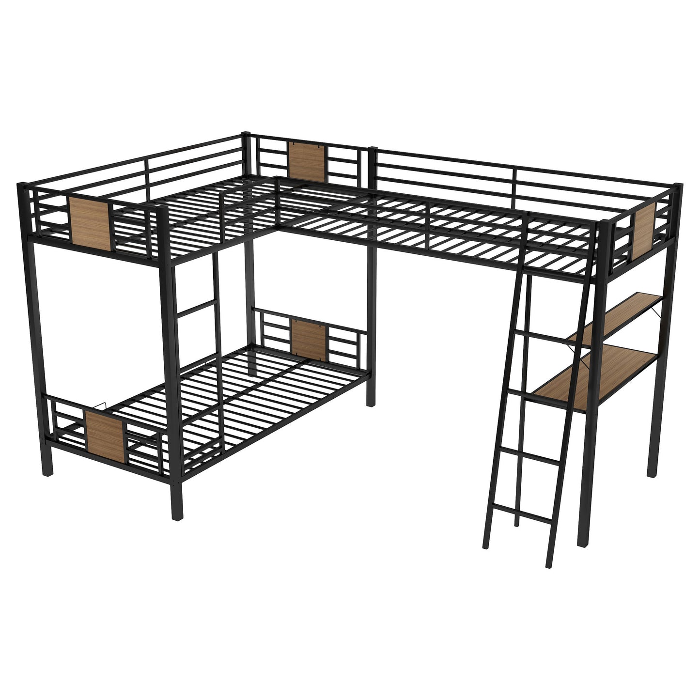 Roberto L-Shaped Twin over Twin Bunk Bed with Twin Size Loft Bed with Desk and Shelf ,Brown