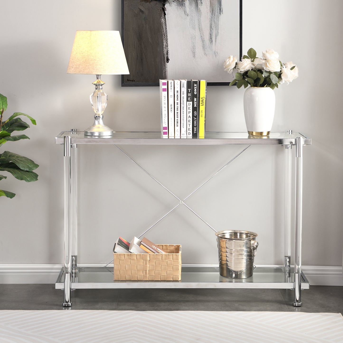 Hesper 43.31'' Chrome Glass Sofa Table, Acrylic Side Table, Console Table