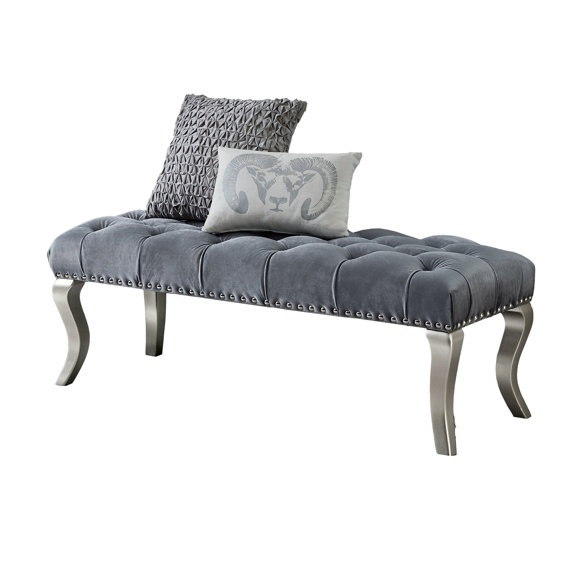 Decor Maxem Tufted Fabric Upholstered Bench Nailhead Trim , Gray