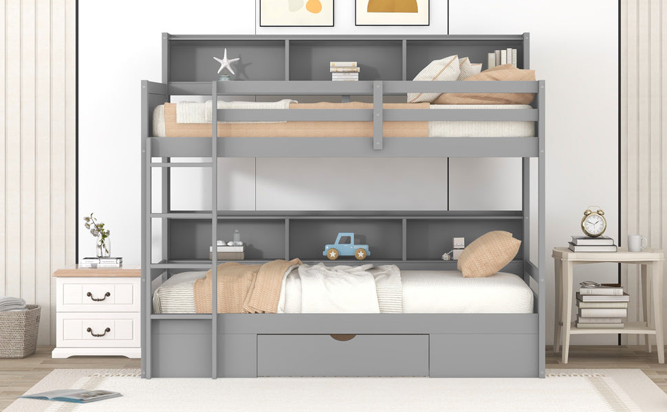 Harris Twin Size Bunk Bed with Built-in Shelves, Gray