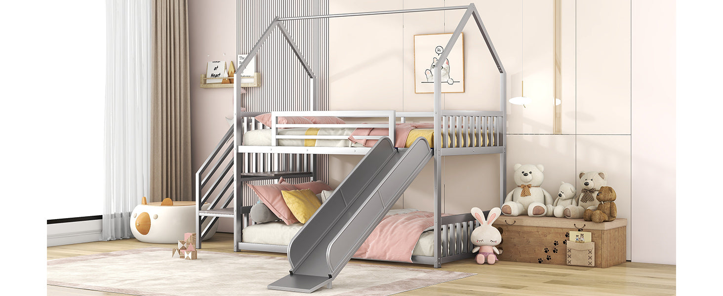 Daniel Twin over Twin Metal Bunk Bed House Bed with Slide and Staircase, Silver