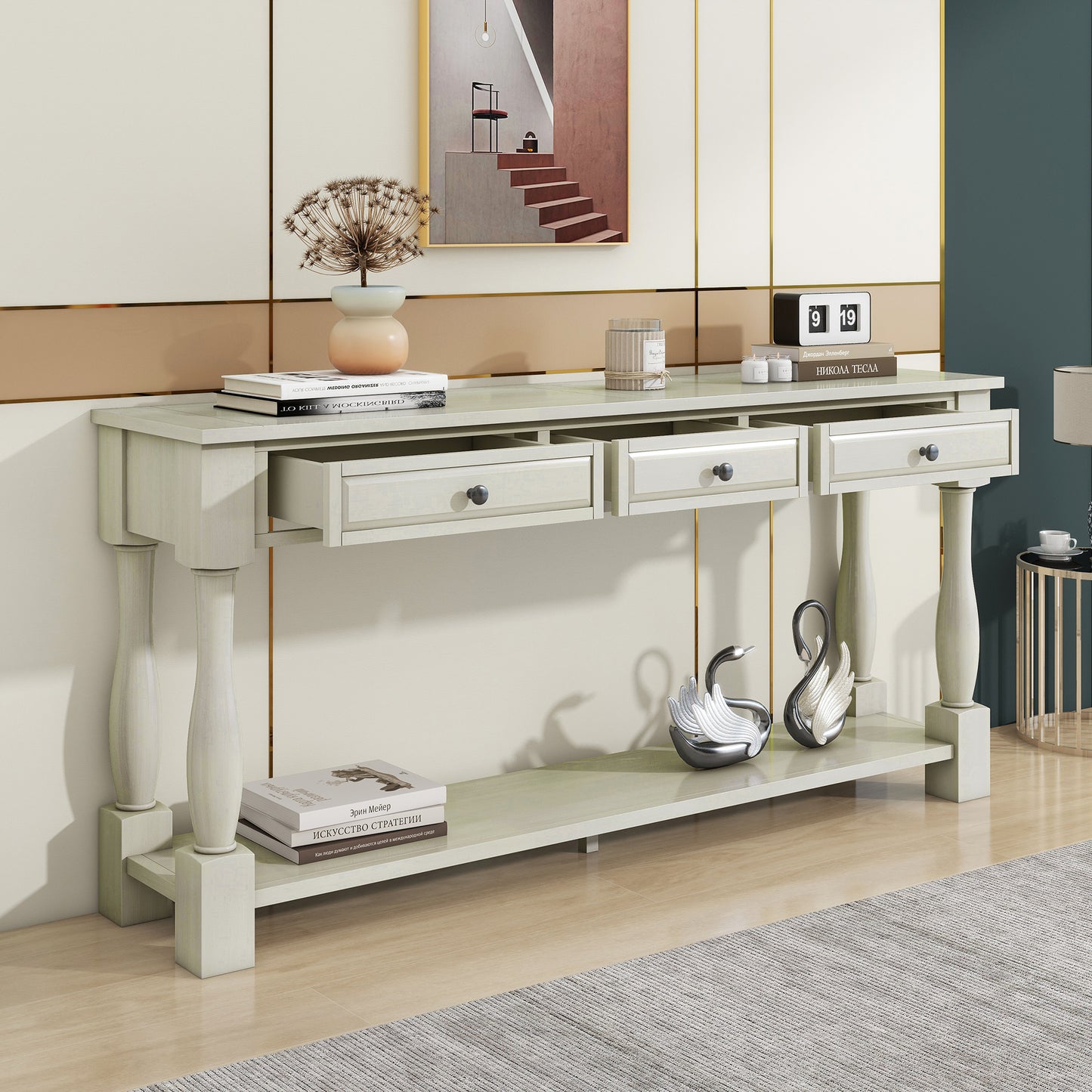 Xyla 63" Traditional 3-Drawer Console Table with Lower Shelf, White