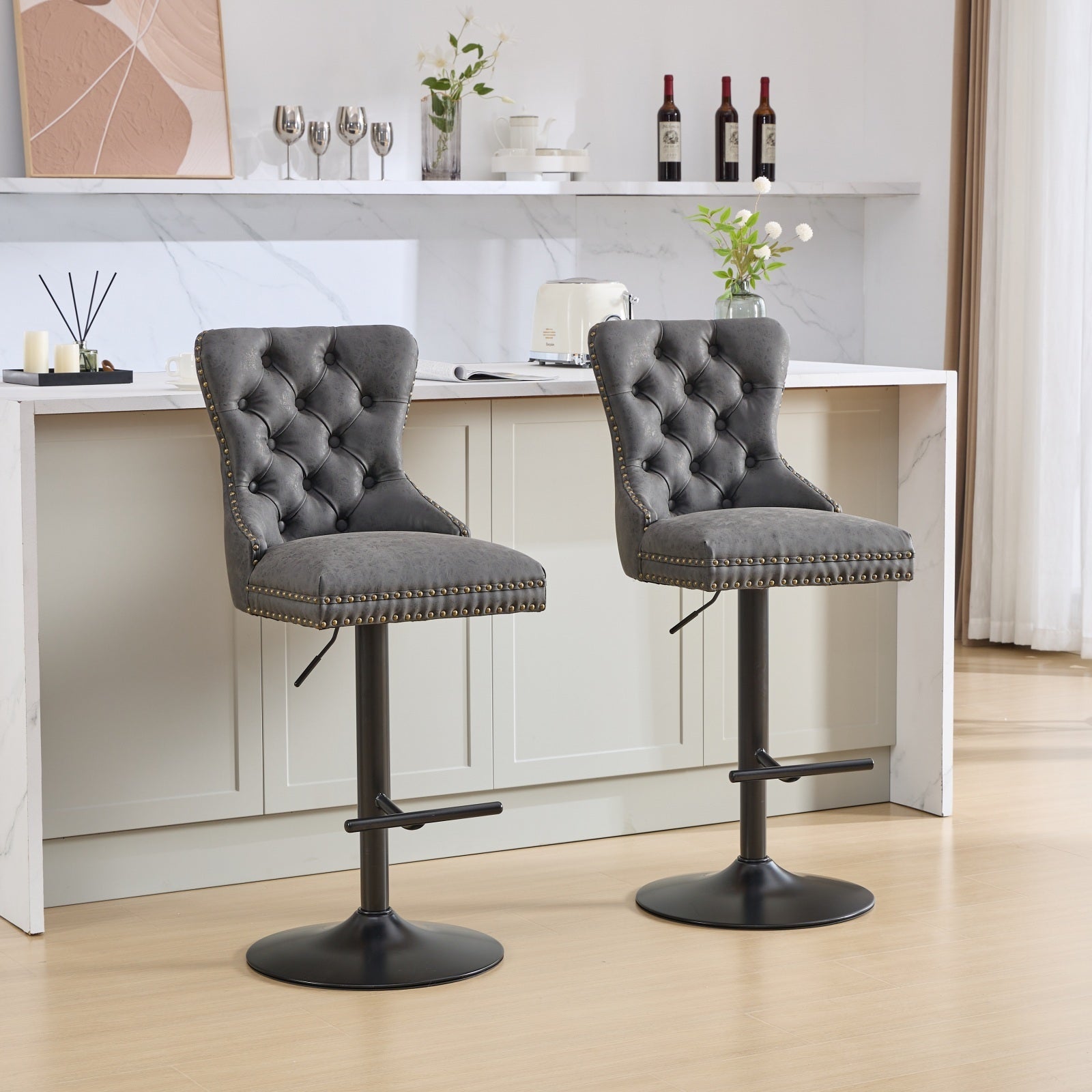 Lenora PU Leather Adjustable Bar Stools with Black Legs Set of 2 Gray