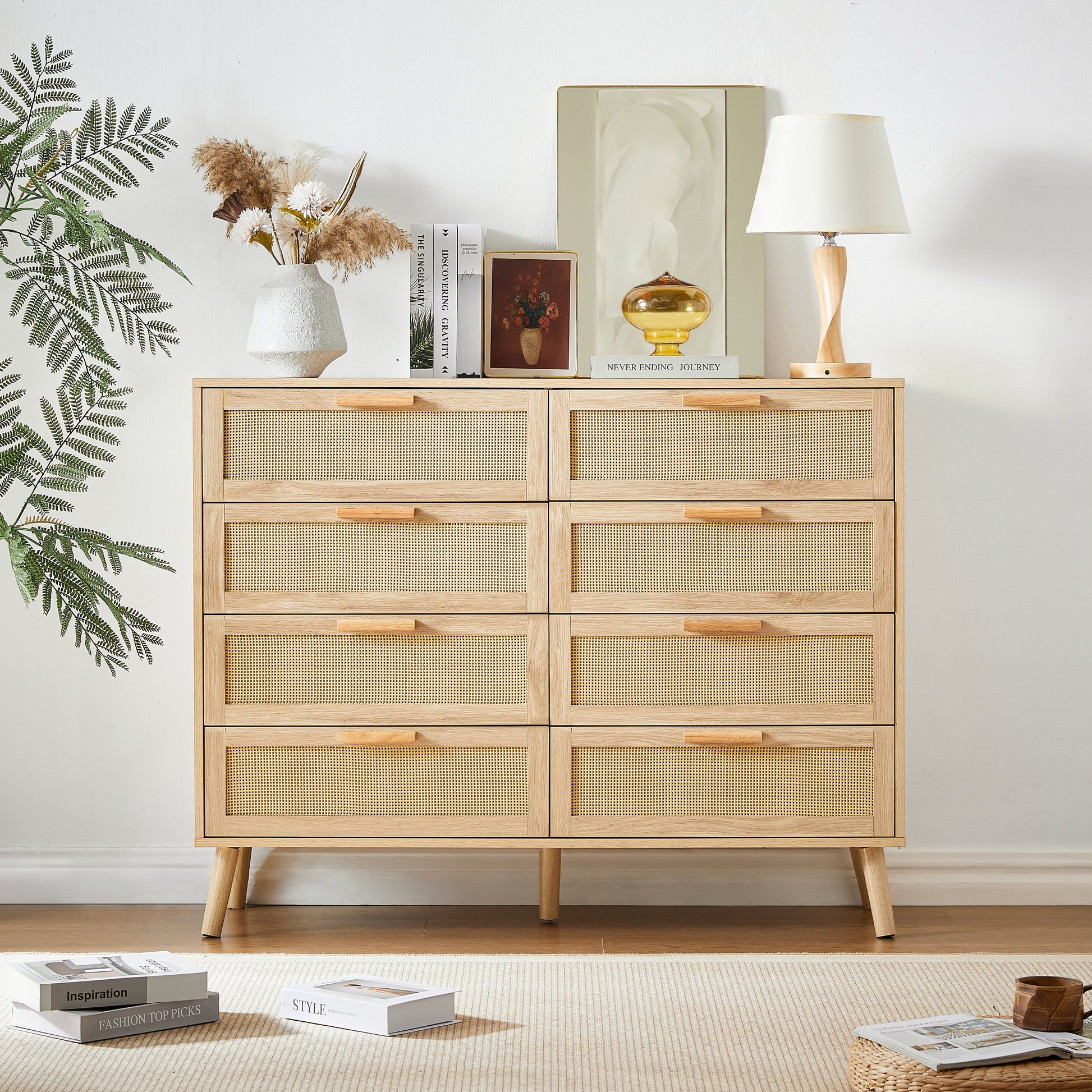 Stevens 8-Drawer Double Dresser in Natural with Rattan Doors