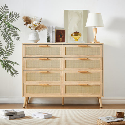 Stevens 8-Drawer Double Dresser in Natural with Rattan Doors