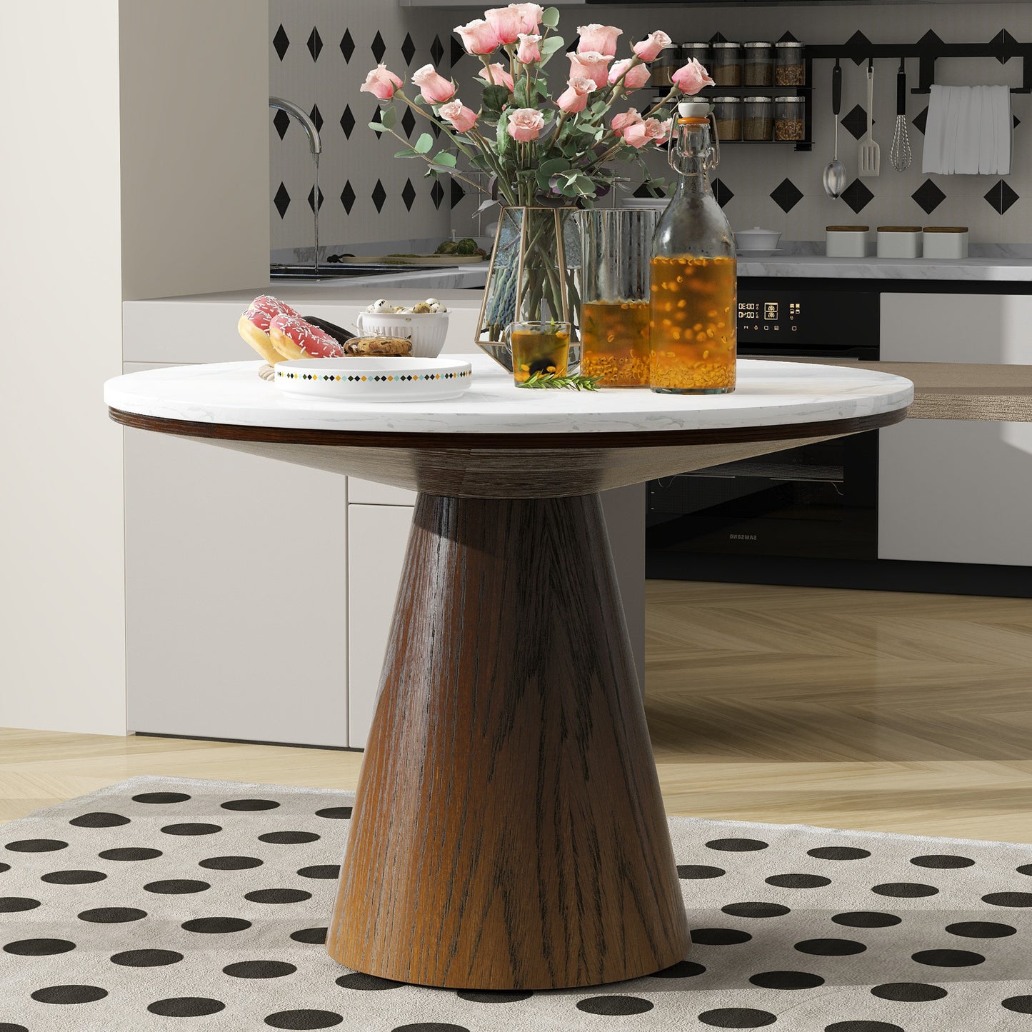 Verena 45" Round Mid-Century Modern Dining Table , White & Brown