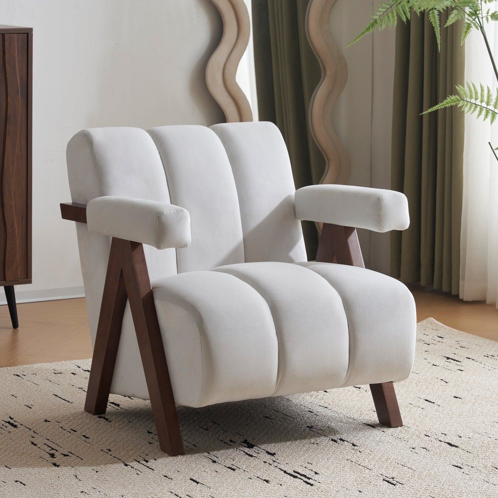 Odalys Elegant Mid-Century Modern Ivory White Velvet Accent Chair