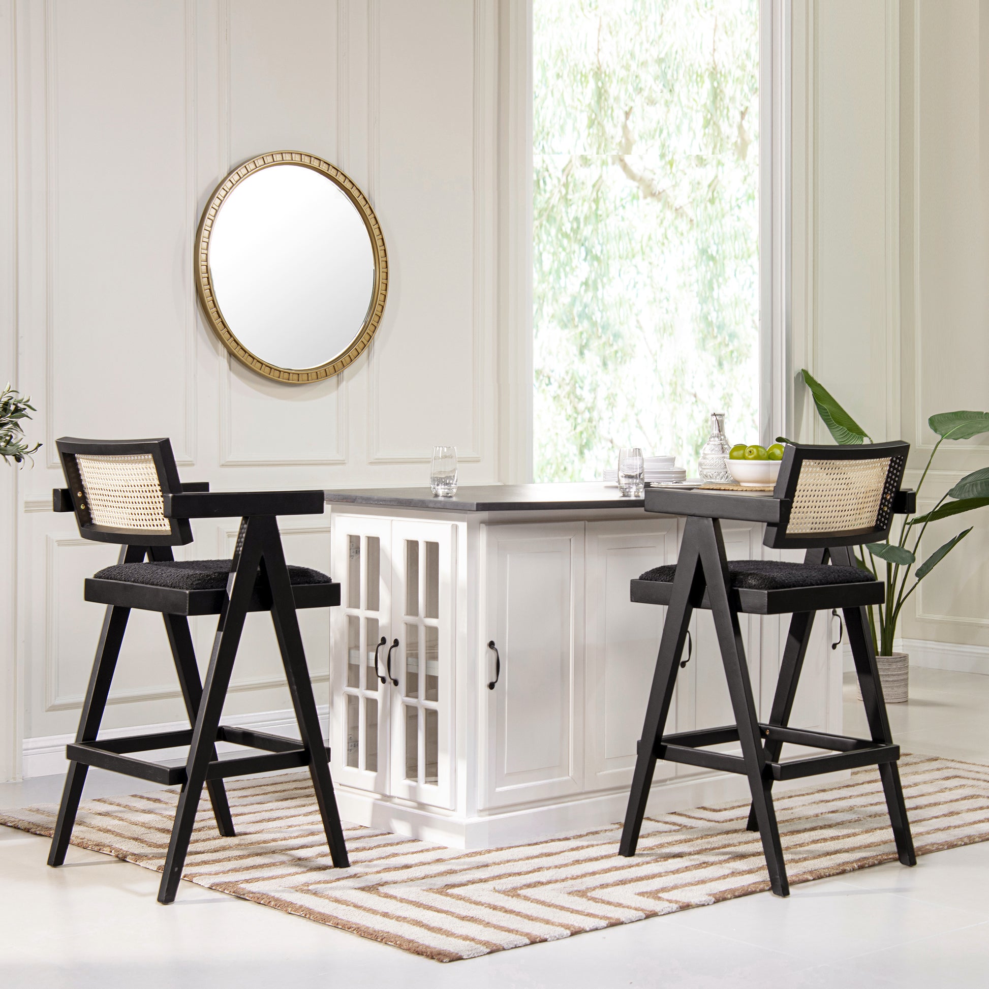 Milan 29.5' Modern Resin Webbing Back Bar Stool with Arms, Set of 3, Ebony Black Boucle