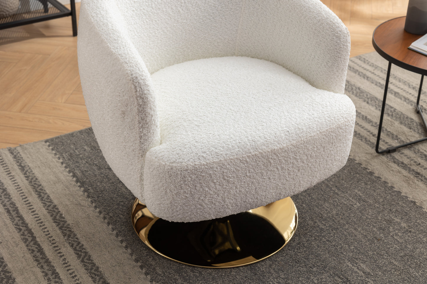 Chenille Fabric White Accent Swivel Chair With Gold Metal Round Base