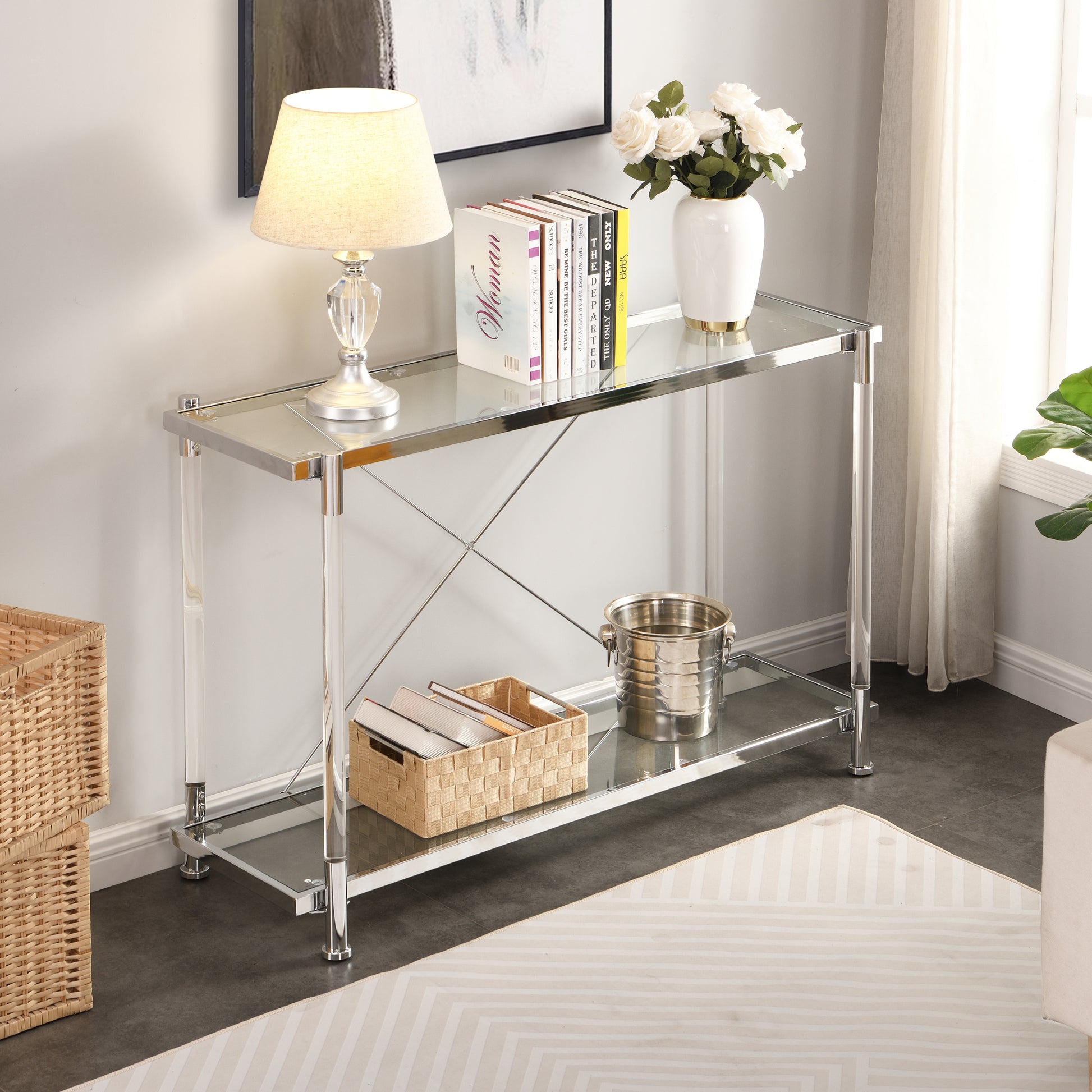 Hesper 43.31'' Chrome Glass Sofa Table, Acrylic Side Table, Console Table