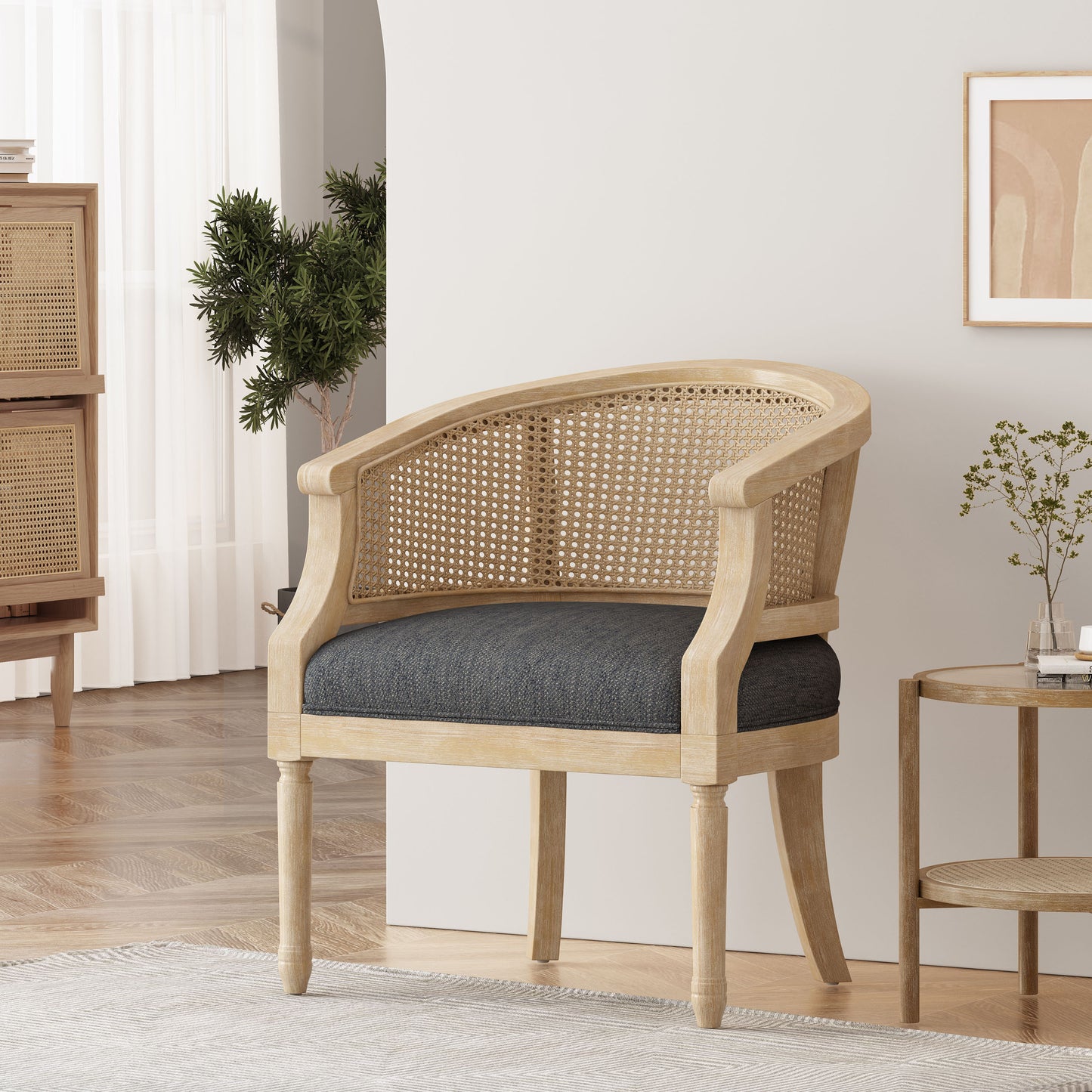 Winifred Modern Country Accent Chair with Rattan, Gray & Natural