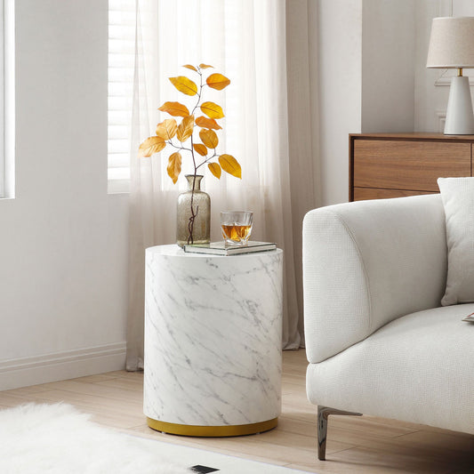 Esme Modern Round Faux Marble Side Table with Gold Base, White