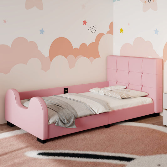 Haku Twin Size Upholstered Platform Bed with Guardrail, Pink