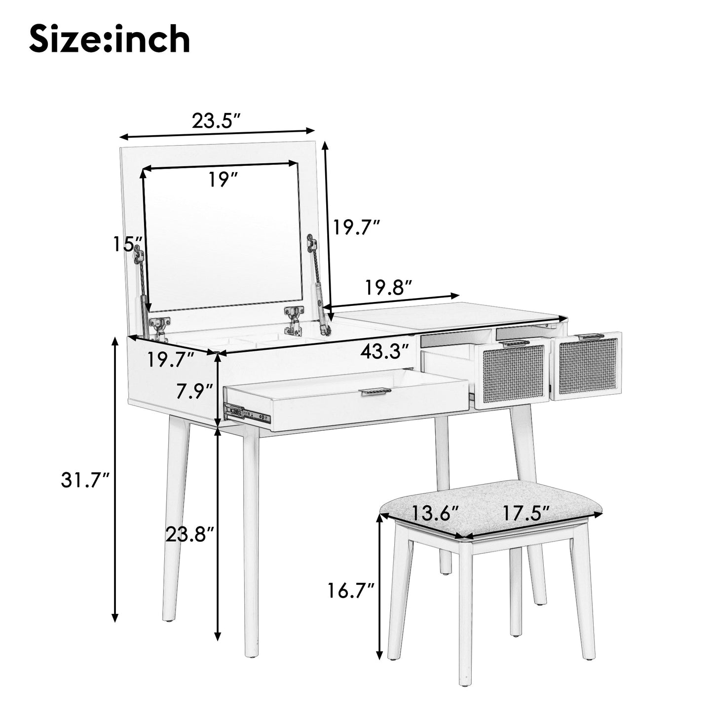 Zoey 43.3" Flip-top Vanity Set with Three Drawers, White