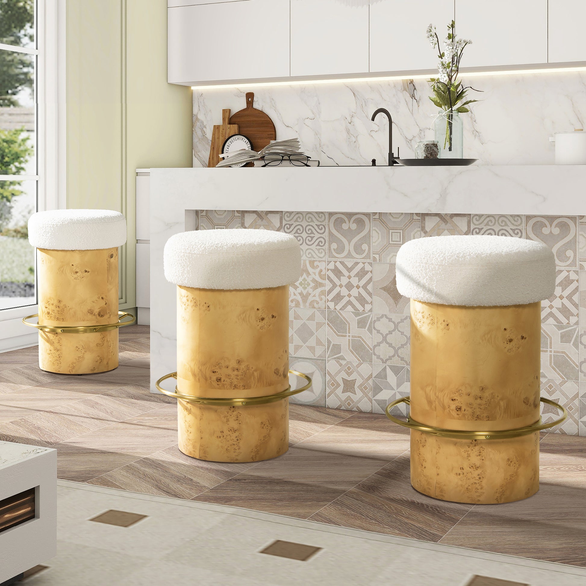 Nebula 26' Backless Round Upholstered Counter Stool with Burl Wood, Ivory White Boucle