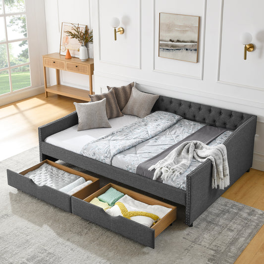 Lior Queen Size Tufted Linen Daybed with Drawers, Gray