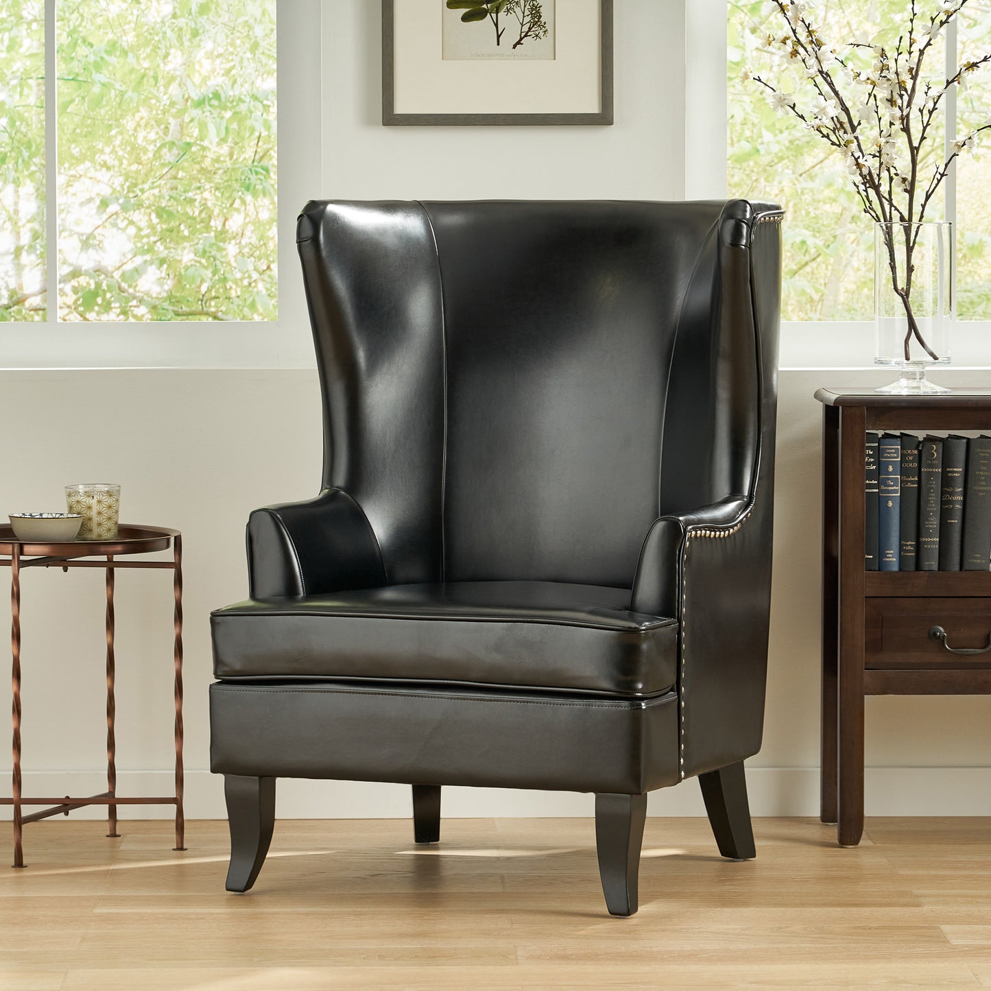 Canterbury Modern PU Leather High Back Chair with Silver Nailhead, Black