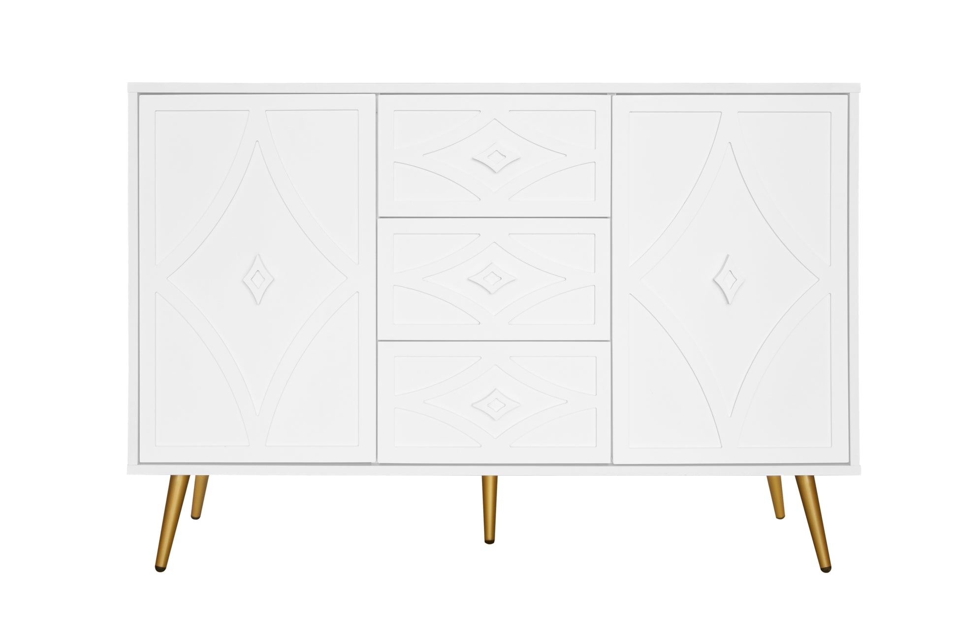 Ellery Diamond Carved Wooden Cabinet with Gold Legs, White