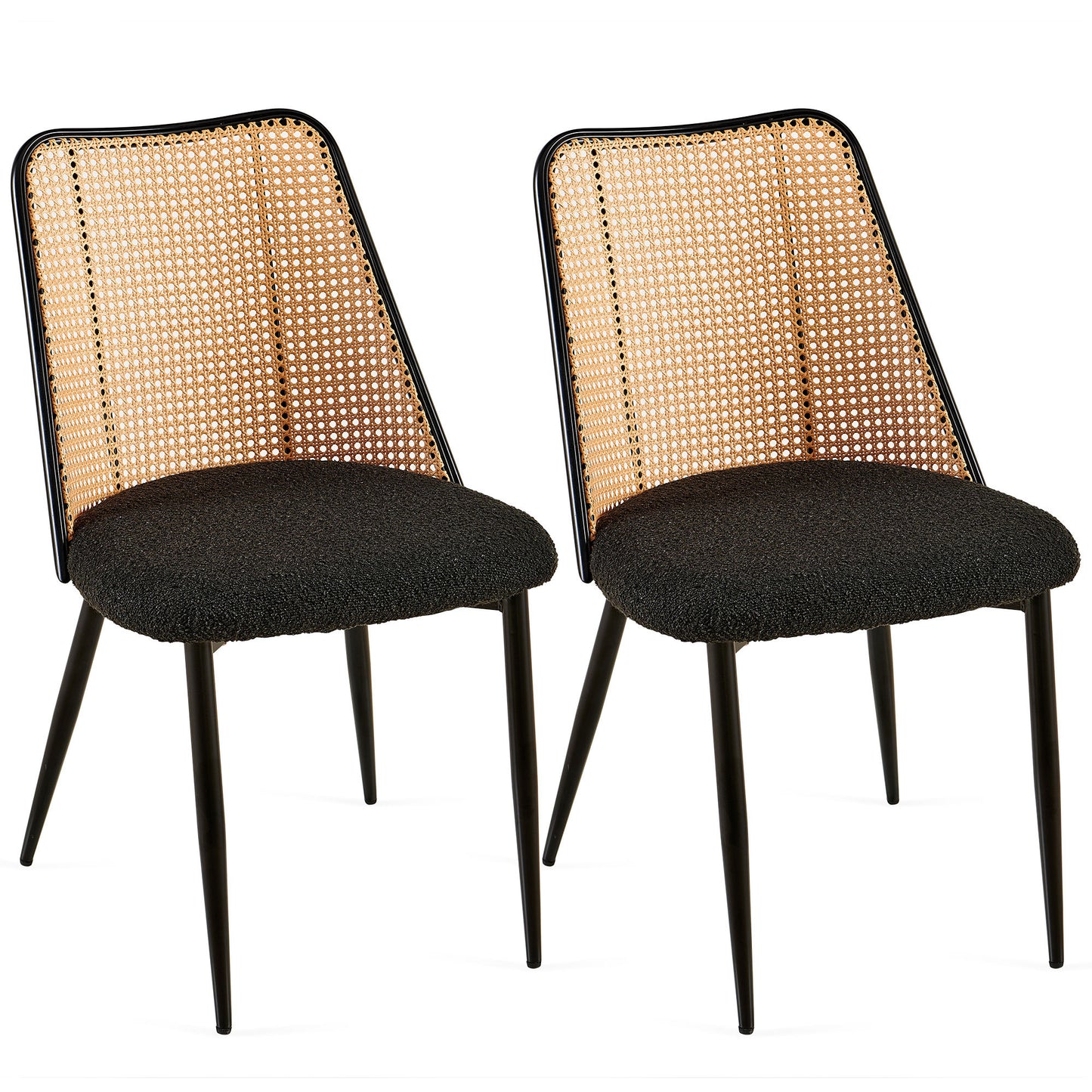 Fallon Modern Rattan Back Side Chairs with Black Boucle Seat Set of 2