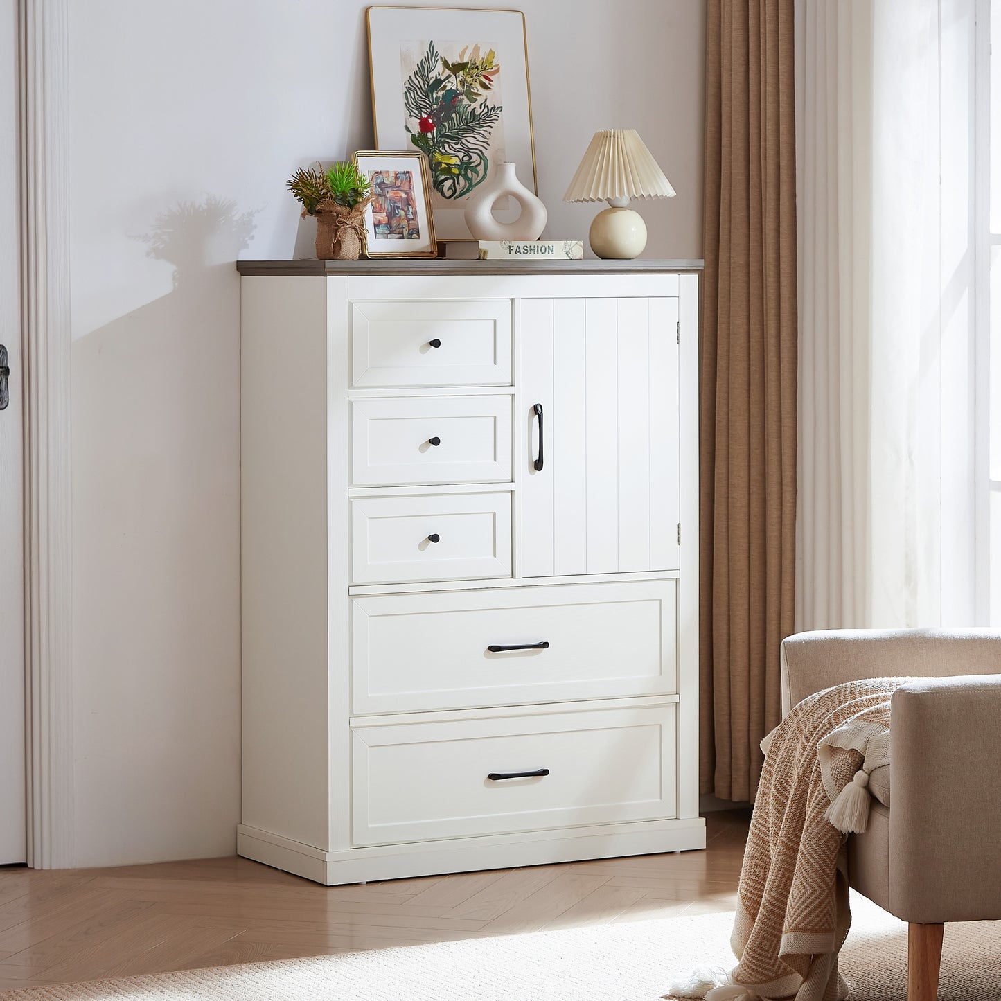 Farmhouse Style 5-Drawer Door Chest in White