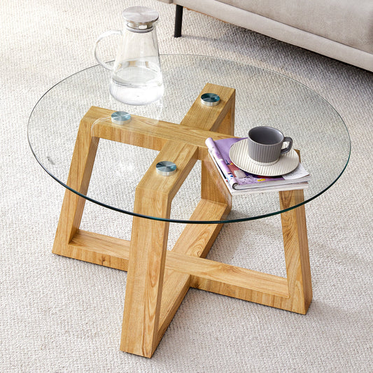 Ashlyn Mid-Century Modern Coffee Table with Glass Top - Brown