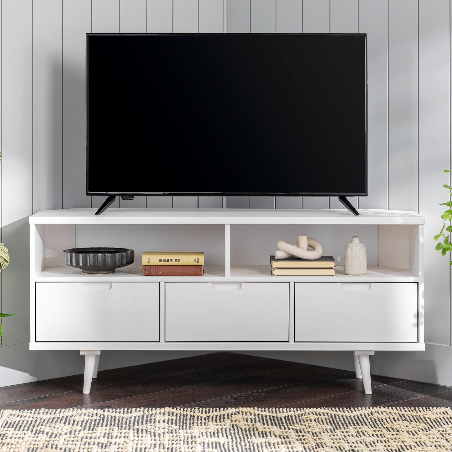 Marsh Mid-Century Modern Minimalist 3-Drawer Corner TV Stand for TVs up to 58 - White