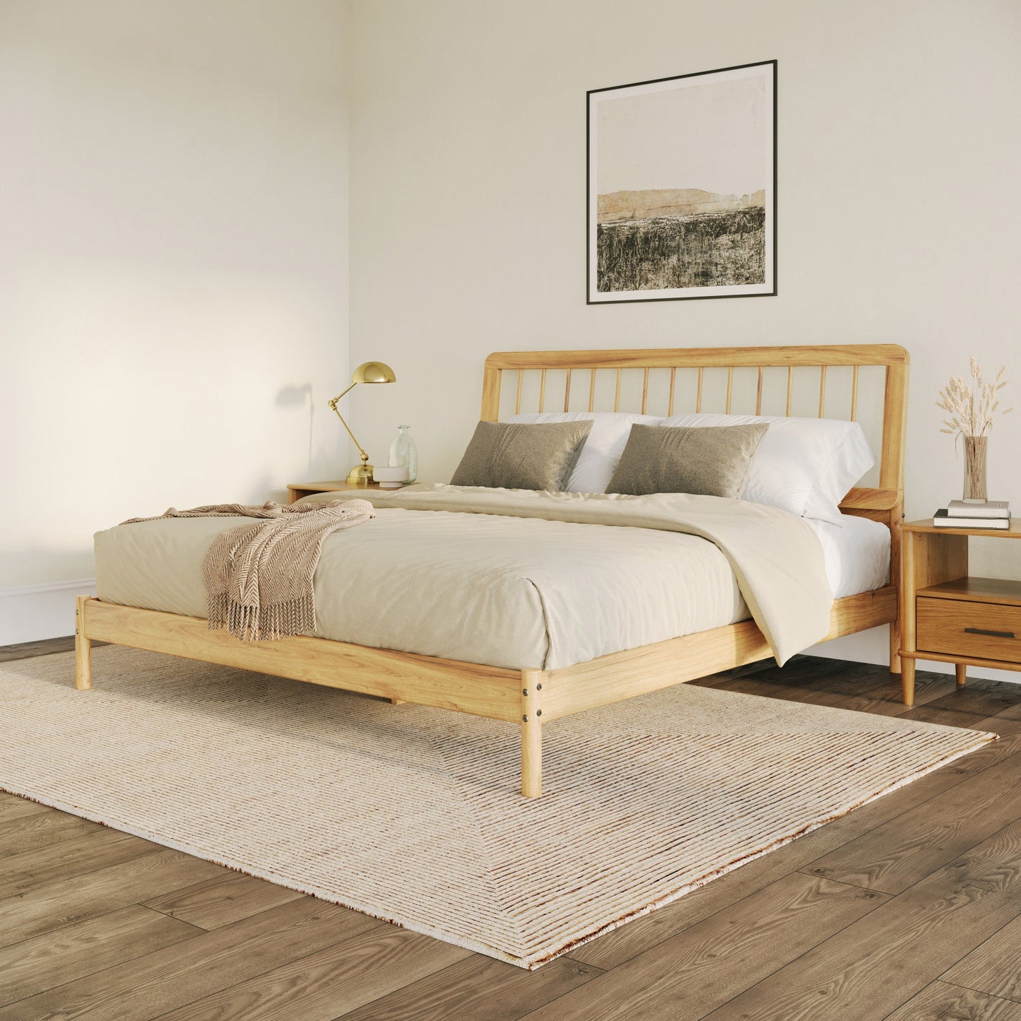 Wyatt Mid-Century Modern Solid Wood King Spindle Bed – Natural Pine