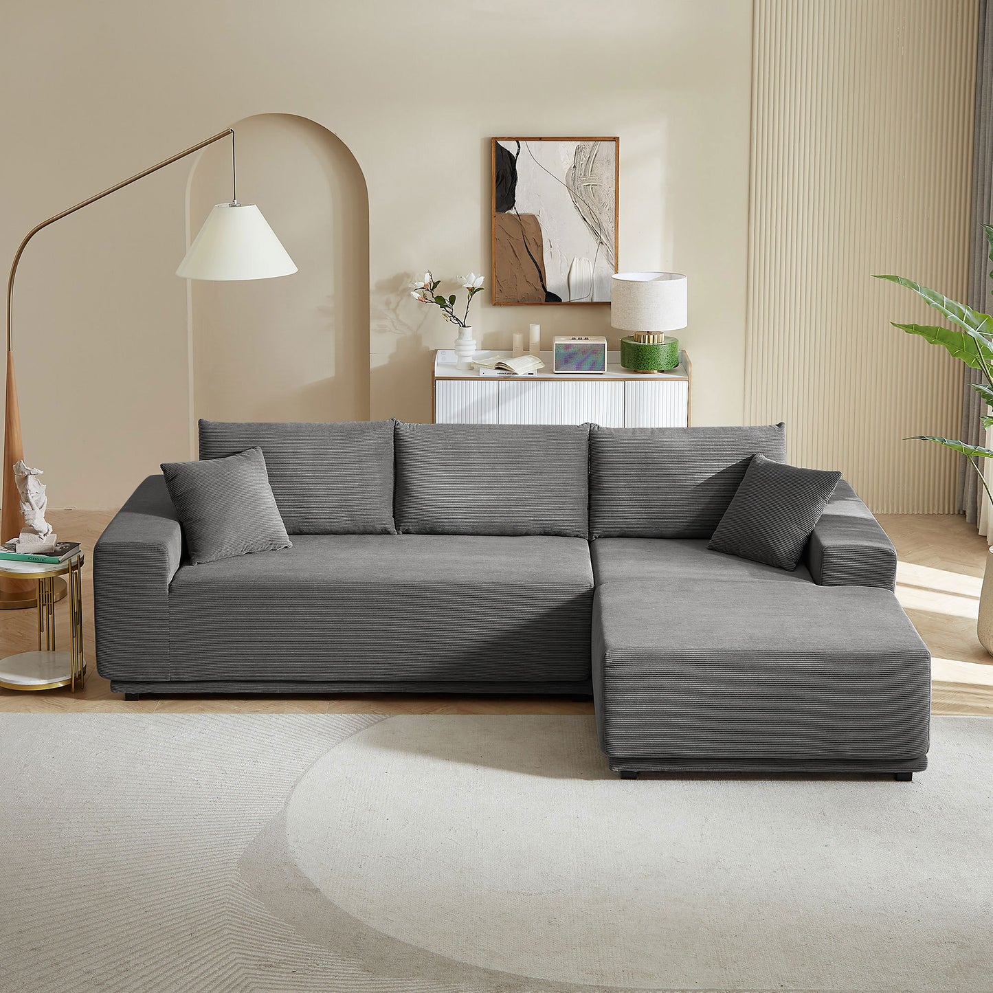 Novella Modern Corduroy Upholstered Sectional Sofa, Gray