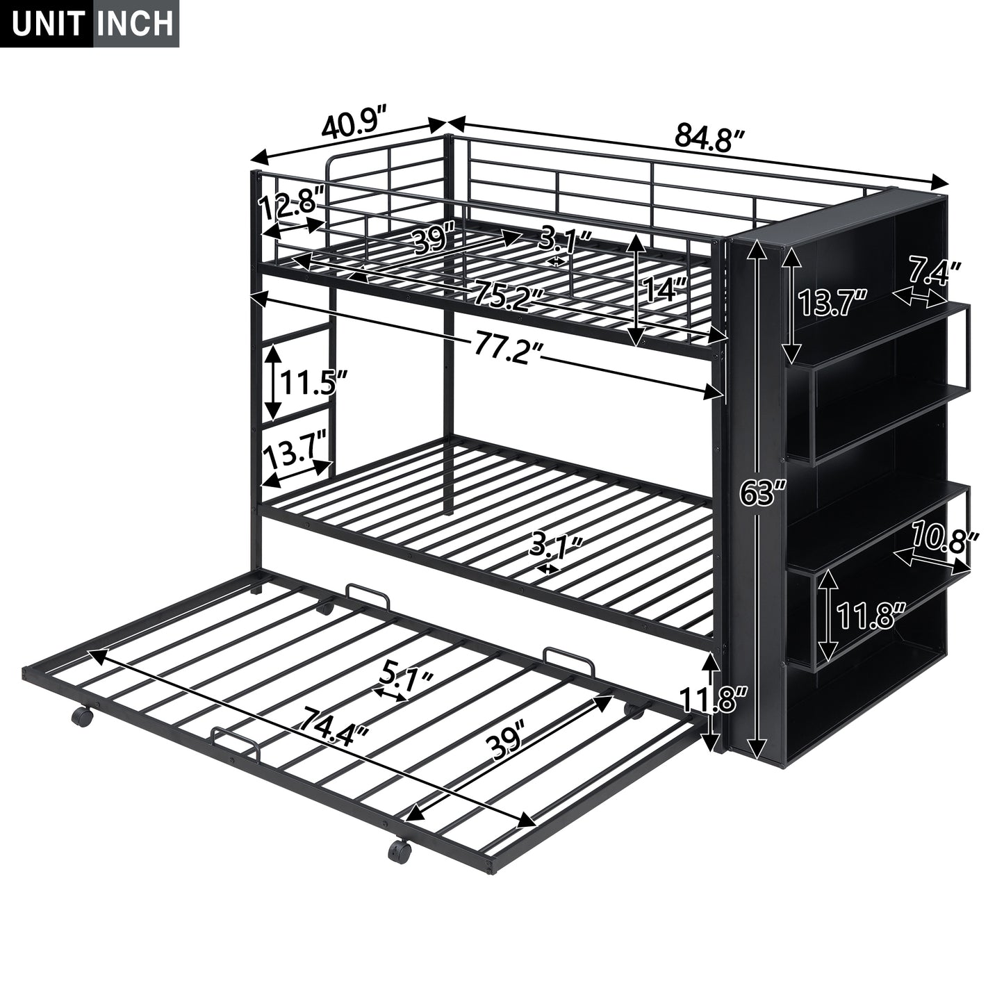 Lauren Twin Bunk Bed with Trundle & Bookcase, Black