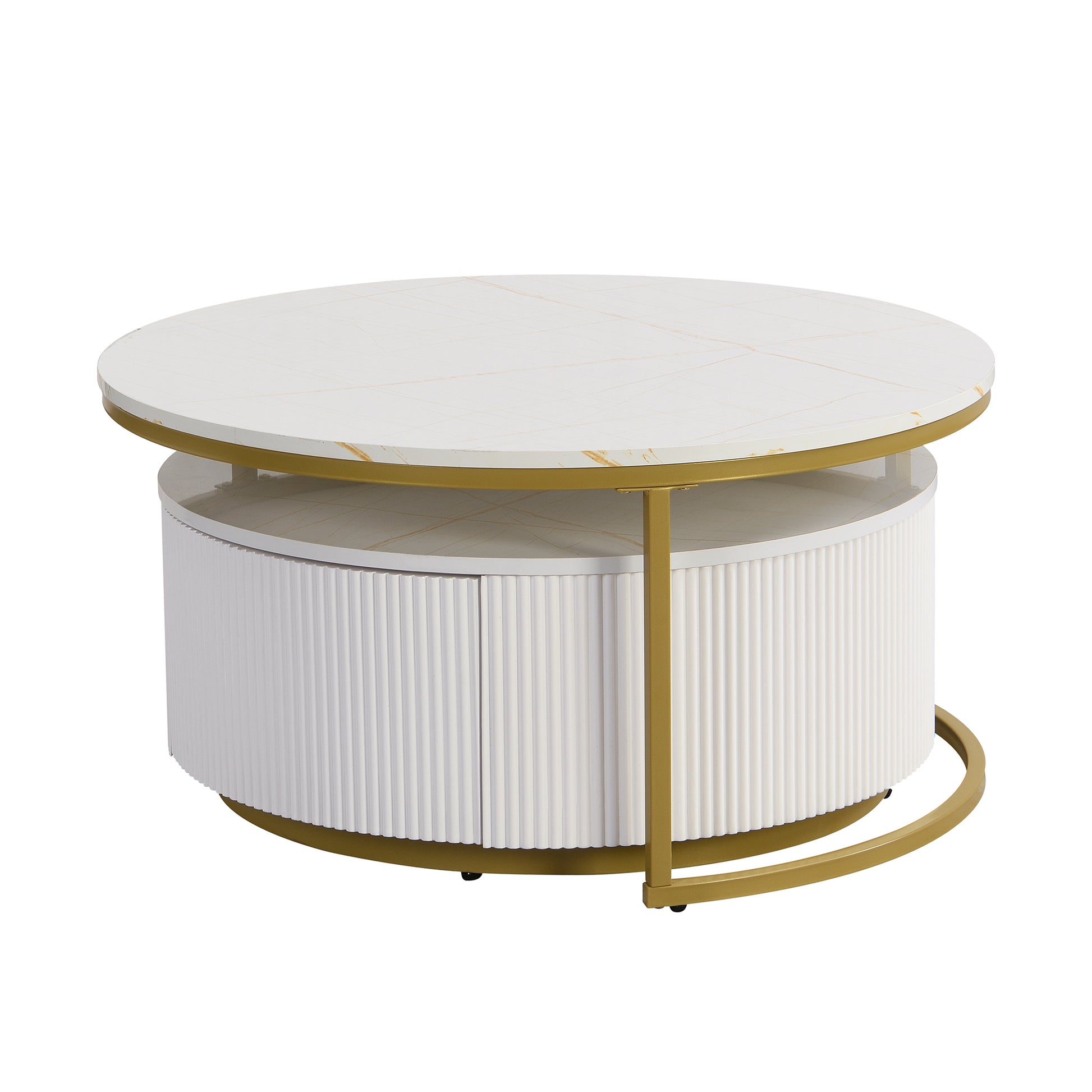 Maggie Modern Round Nesting Coffee Table Fluted with Drawer in White & Gold in 31.5''